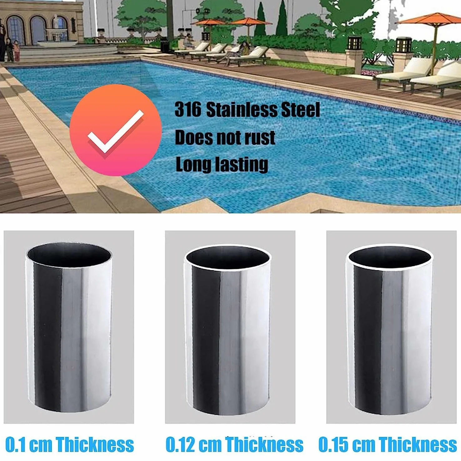 Barandilla de Piscina, pasamanos de Acero Inoxidable 316 de Primera Calidad, Apto para Piscinas Interiores y Exteriores, 0,15 cm de Grosor, Color Plata.