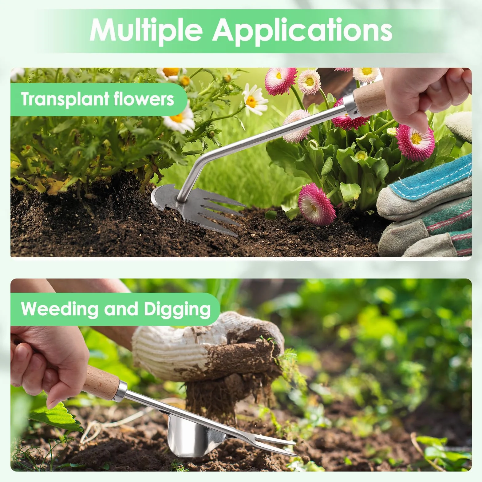 3 Piezas Extractor Malas Hierbas con Mango de Madera, Desherbador Manual de Acero Inoxidable, Weeder de Mano de Jardín Azadillas, Fácil Almacenamiento, Plantar y Desherbar