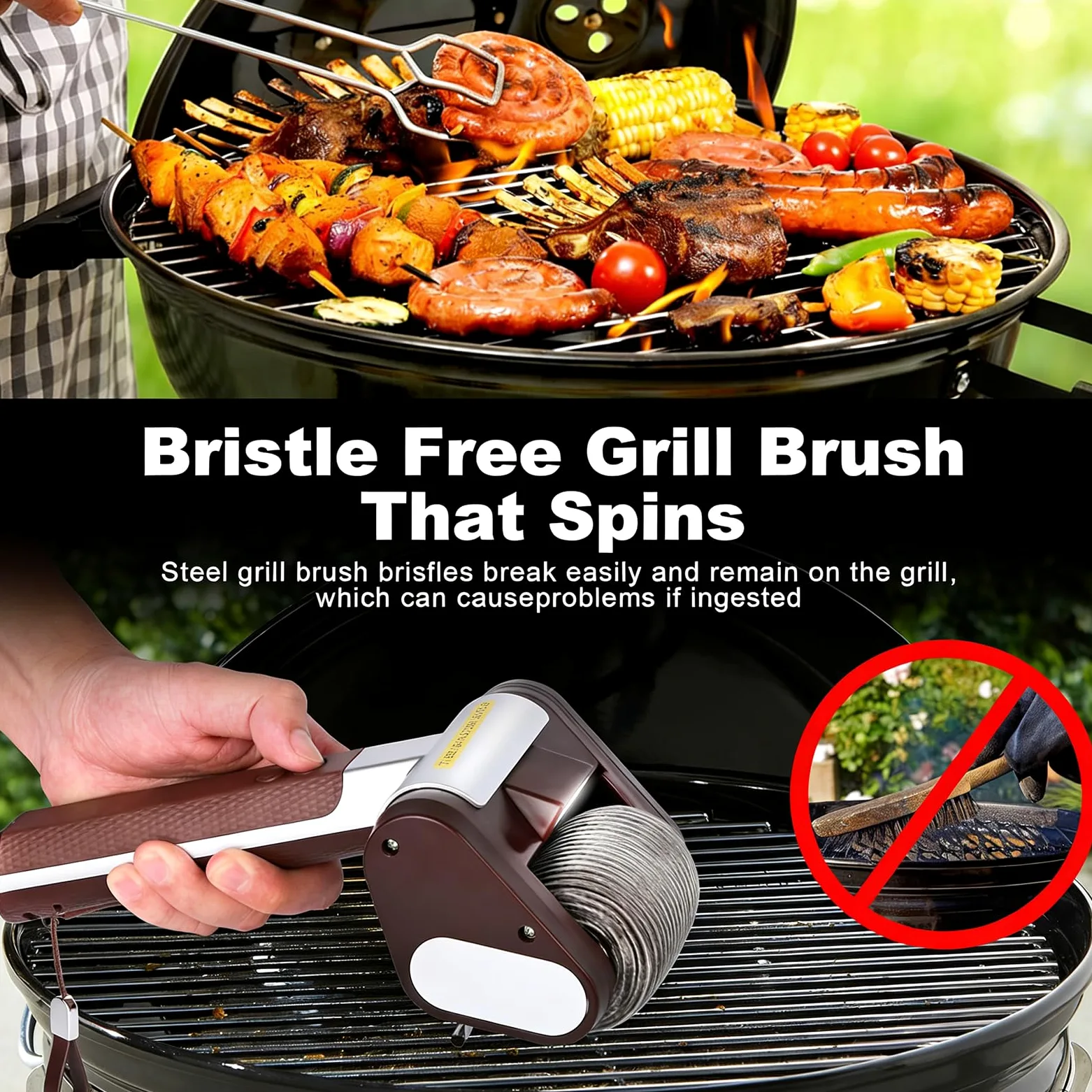 Cepillo eléctrico para parrilla, limpiador inalámbrico de parrilla de barbacoa con luz LED, rodillo de acero inoxidable de 350 rpm, herramienta de limpieza recargable sin cerdas para parrillas de