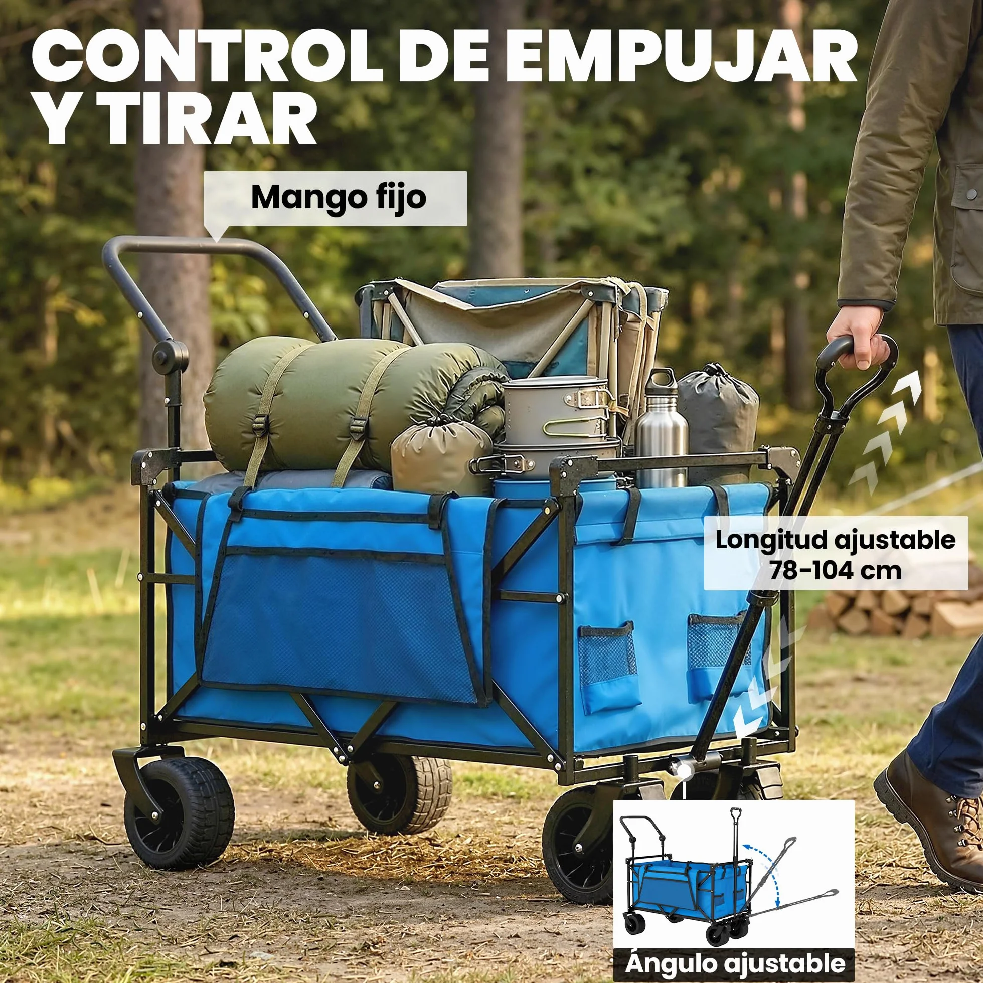 Outsunny Carro Playa con Ruedas Grandes con Freno, Techo Extraíble, Carro Plegable para Jardín con Barra Ajustable, Portavasos y Bolsillos, Carga 100 kg, para Todo Terreno, Campaña, Compras, Azul