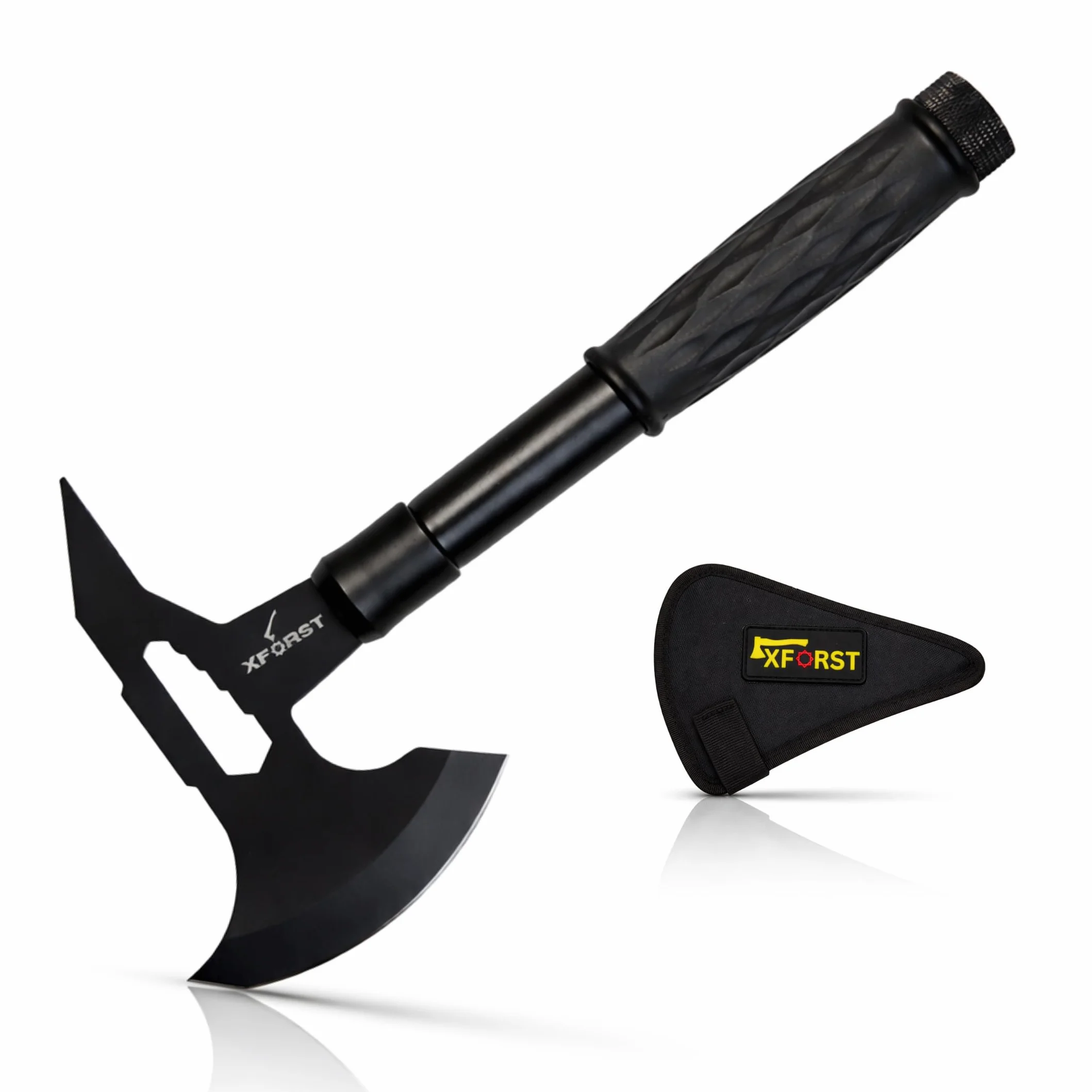 Xforst Hacha de Supervivencia Compacta para Camping, Bushcraft y Exterior, Hoja de Acero al Carbono, Mango Antideslizante con Compartimento, Funda Protectora Incluida, 32 cm y 615 g, X-TM1