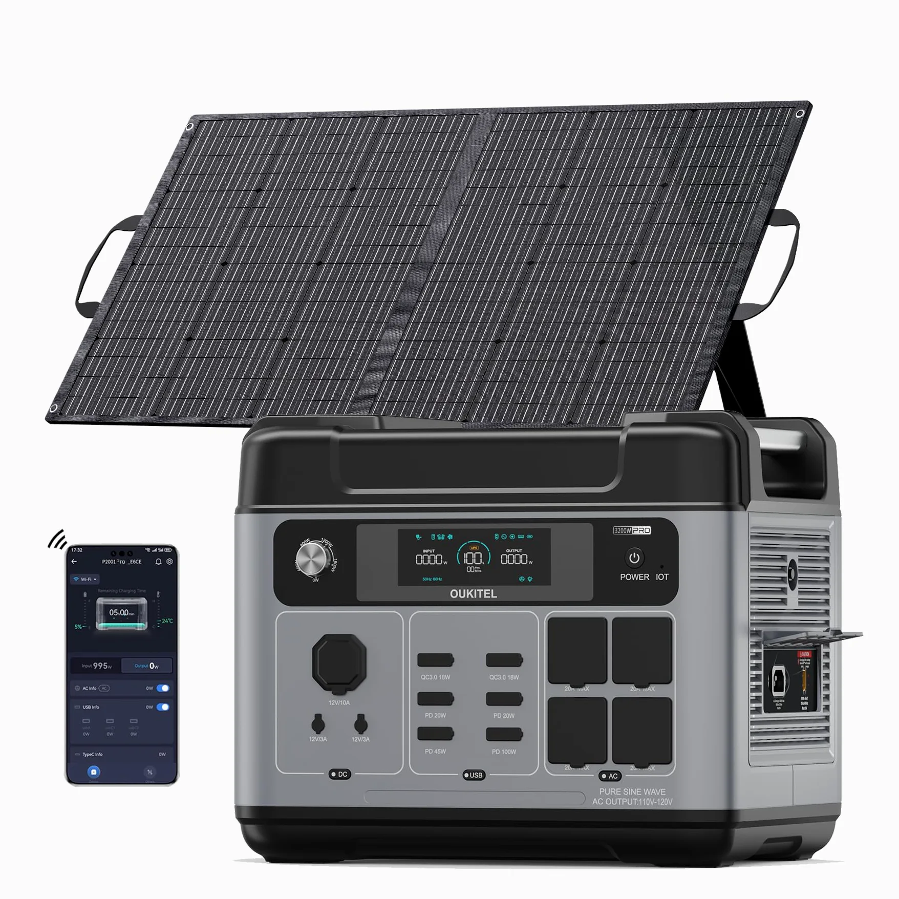 OUKITEL 3200W Generador Solar con Panel 100W, 2048Wh Estación de Energía Portátil, Carga Rápida 80% en 45min, Batería LiFePO4, APP, 16 Puertos, Power Station para Camping y Emergencia