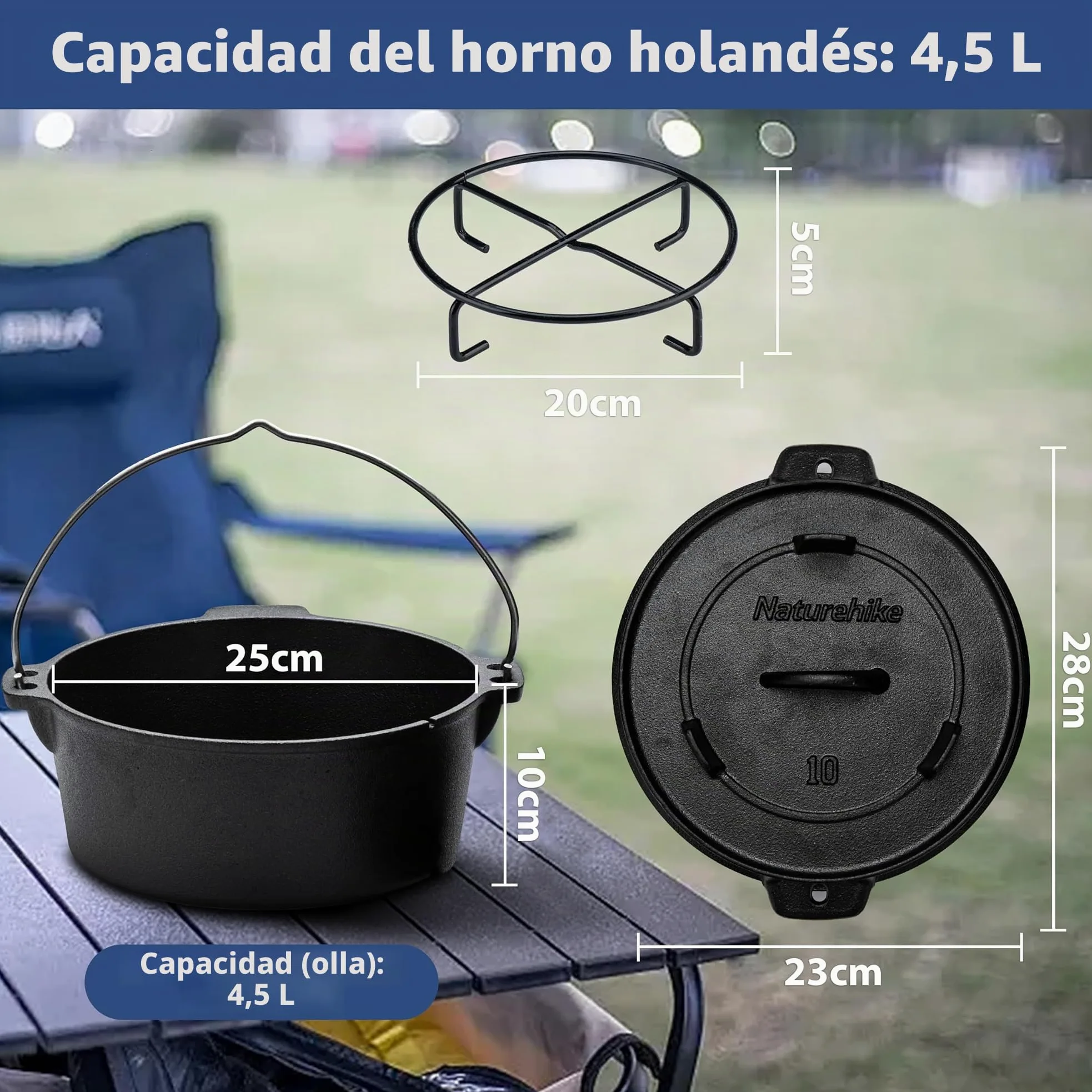 Naturehike Horno holandés de Campamento, Olla de Hierro Fundido de 4.25 Cuartos con Tapa de sartén 2 en 1, presazonado para Barbacoa al Aire Libre, Hornear, cocinar fogata con Mango de Metal