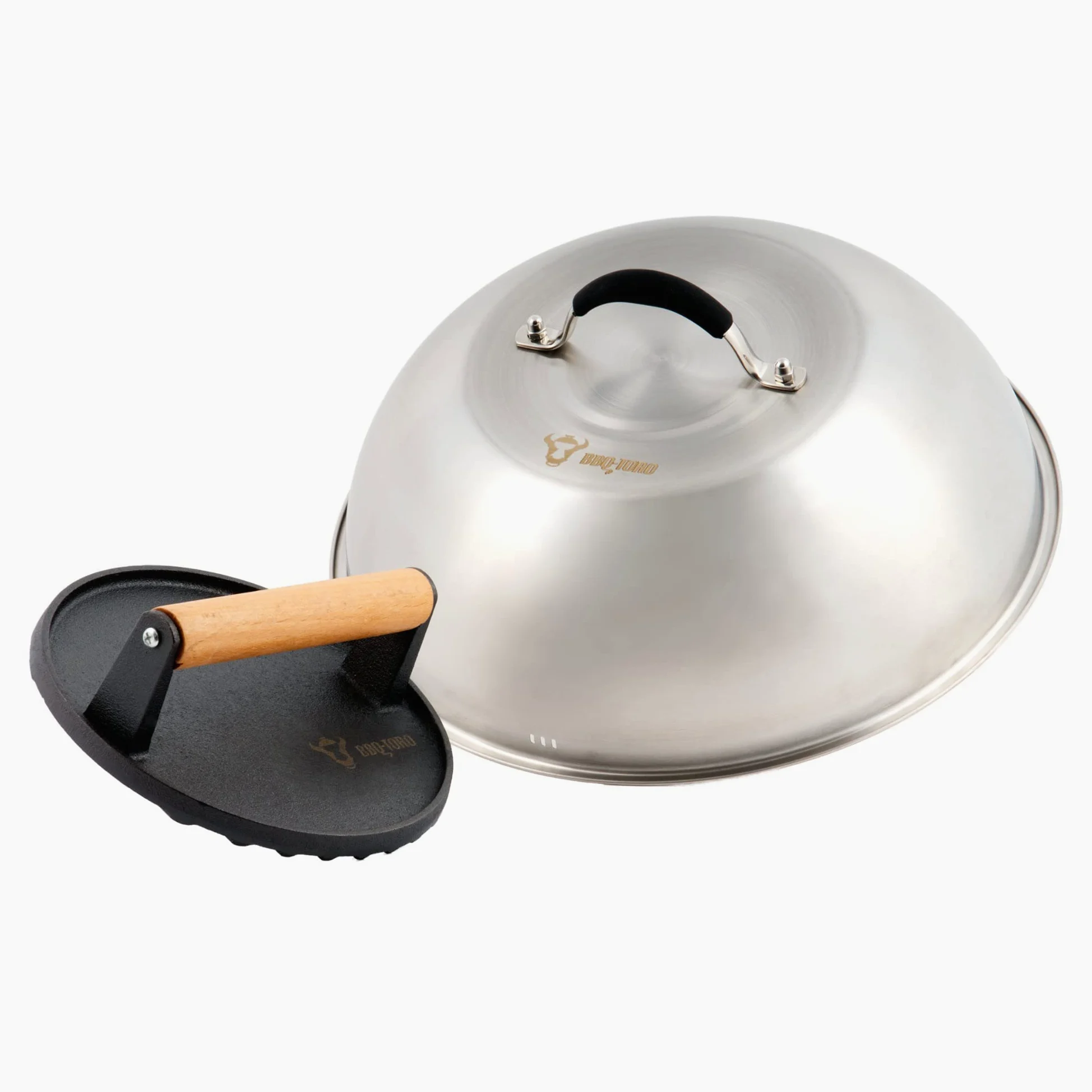 BBQ-TORO Cúpula de Fusión de Acero Inoxidable | Ø 31,5 cm | con Prensa de Carne Redonda de Hierro Fundido | Campana para Hamburguesas