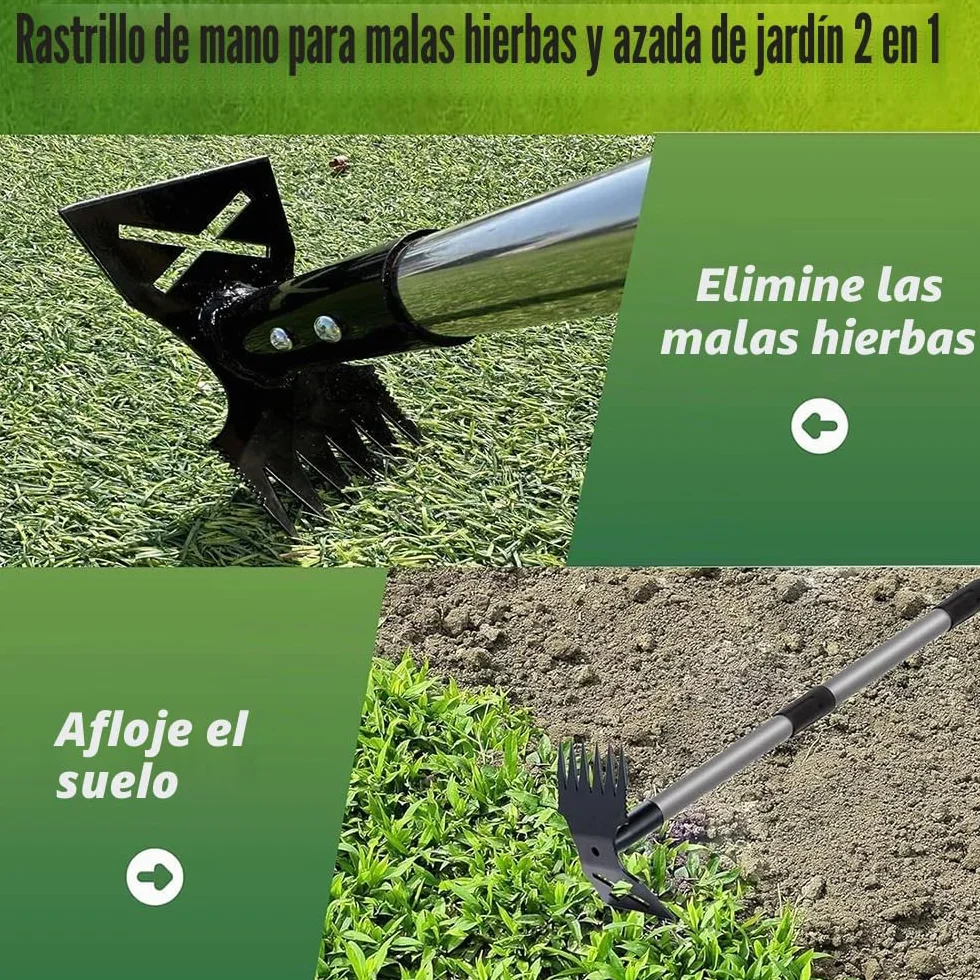 Extractora de Malas Hierbas con Mango Largo de 180 cm,Rastrillo de Azadas de Jardín 2 en 1 para Desmalezar,Quitar Malas Hierbas Jardin Mango Largo,Herramientas de Jardín para patio,césped,patio,jardín