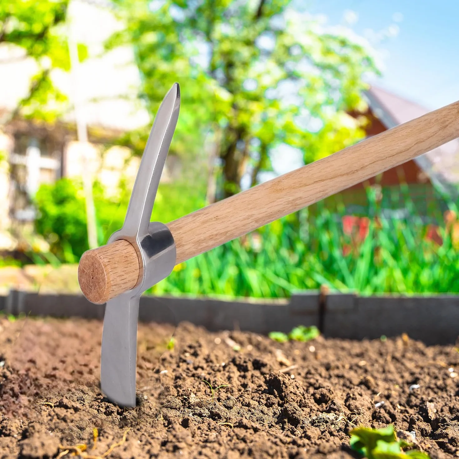 Tissting Pico de Jardín de 40cm/15,7in, Azada de Pico de Acero Inoxidable Resistente y Duradera, Herramientas de Azada de Jardinería Agrícola con Mango de Madera