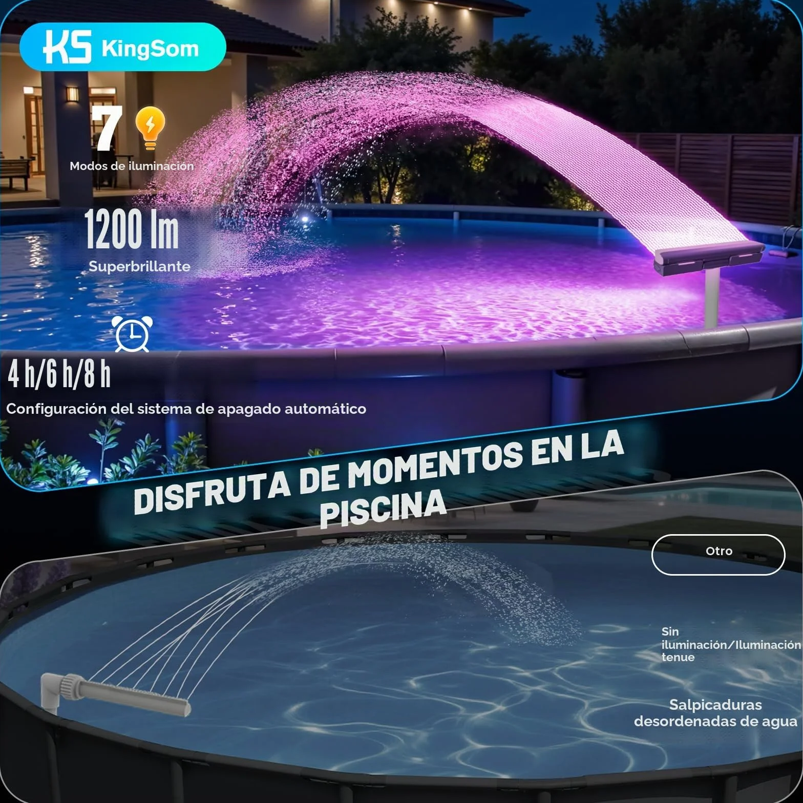 KingSom Fuente de Piscina con Luces de Colores, Fuente Piscina Cascada Recargable con Botones y Control Remoto, 10000 mAh Fuente de Luces para Piscina Elevadas y Enterradas, Fuente de Agua-Violeta