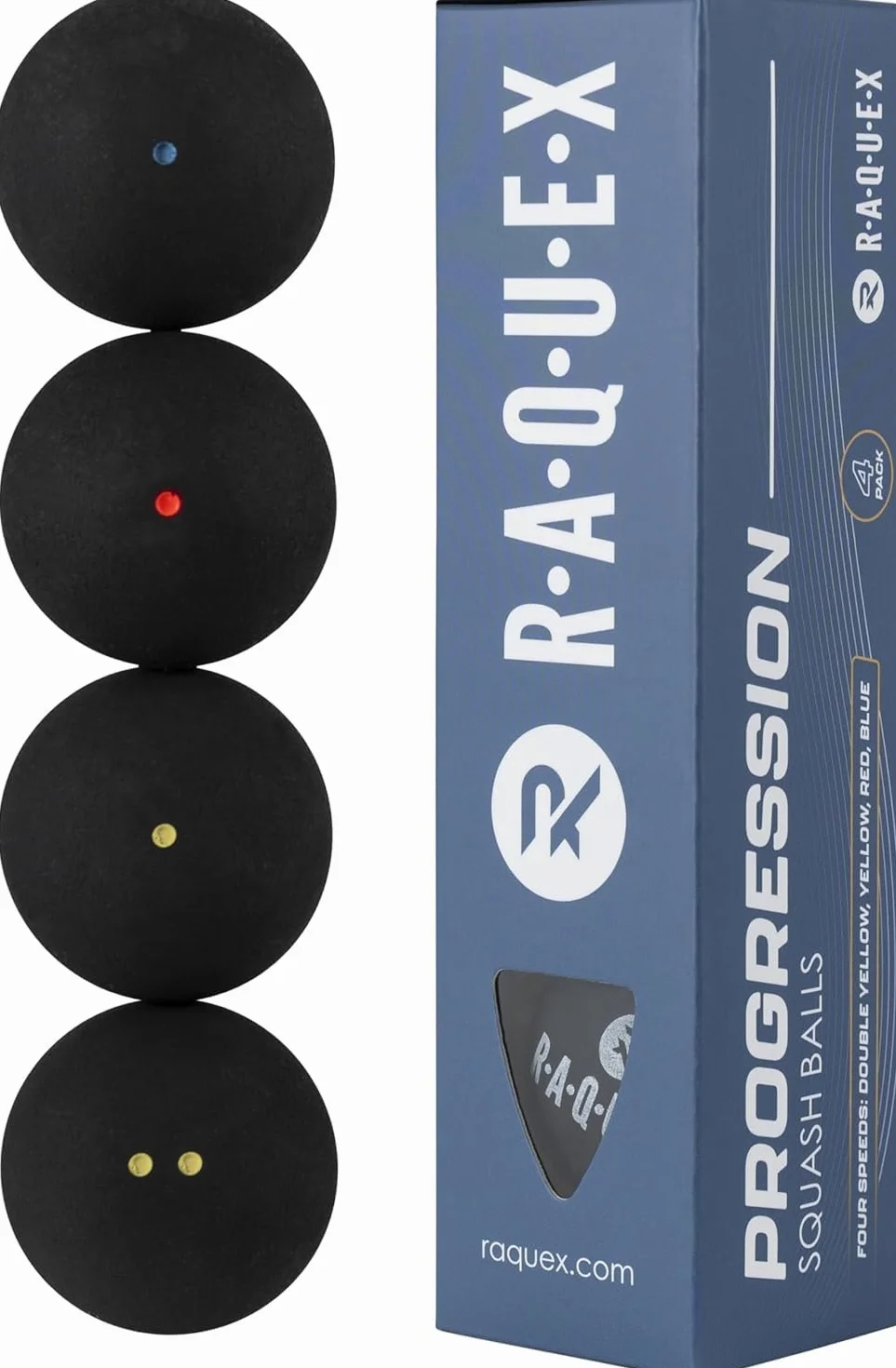 Raquex Pelotas de Squash Progression 4 Bolas Caja Mixta: Doble Punto Amarillo, Amarillo, Rojo, Azul - Aprobado WSF