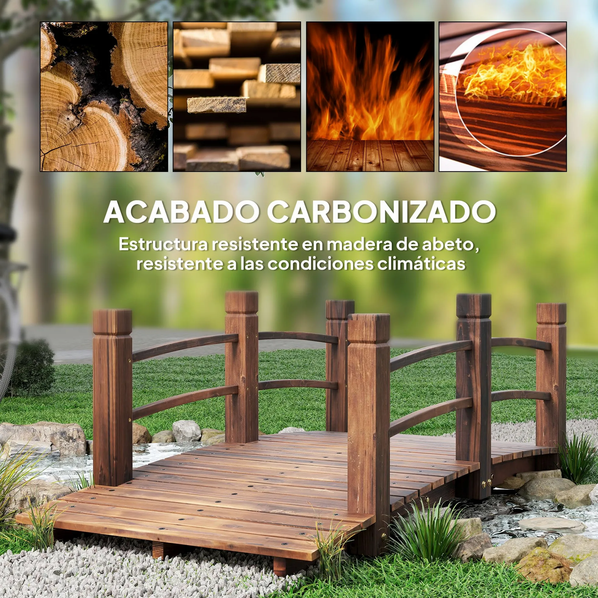 Outsunny Puente de Jardín Madera Carbonizada 152,5x67x48 cm Carga 181 kg Decorativo