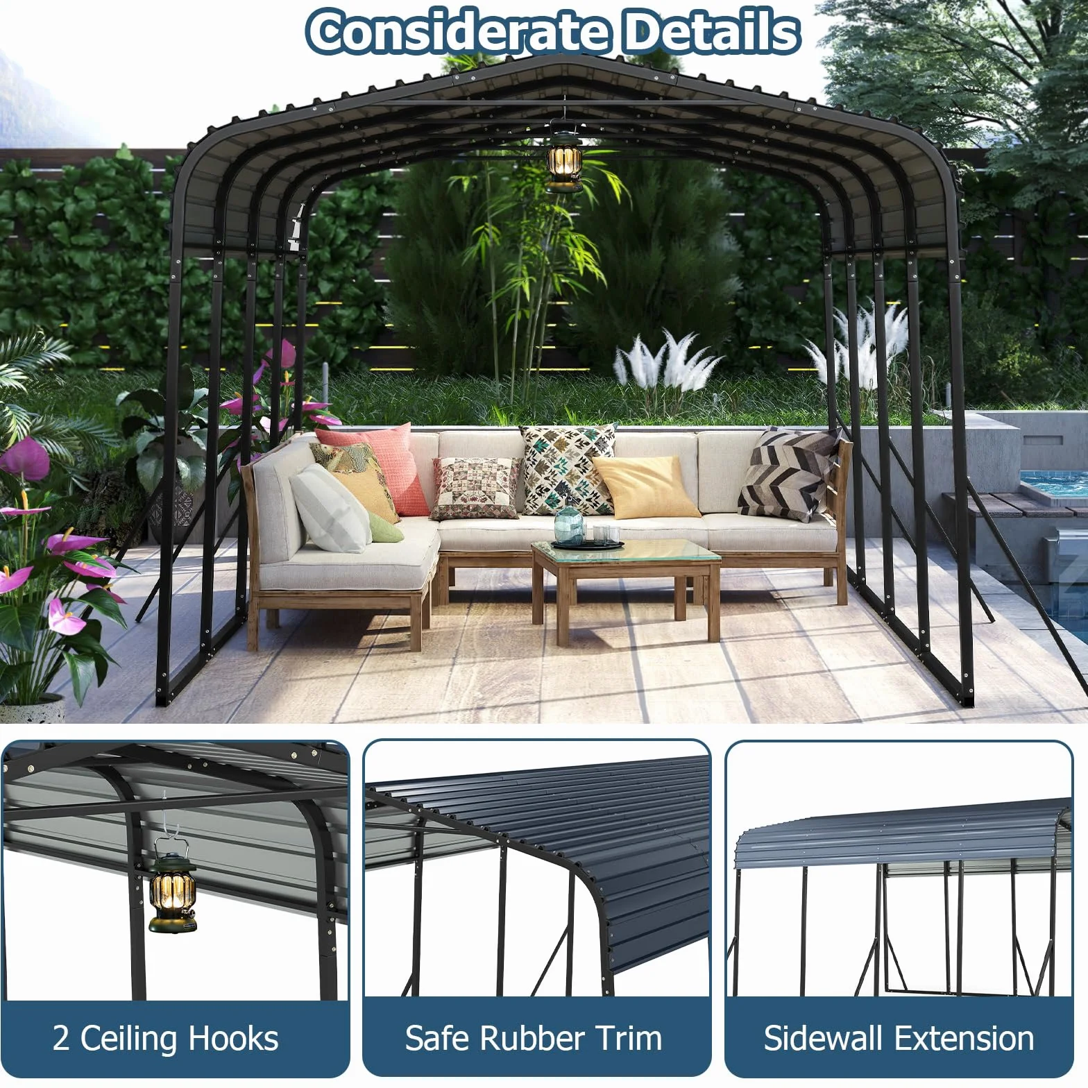 GOPLUS Cobertizo de Coche de Metal, 440 x 300 x 250 cm, Refugio de Vehículo con Techo Duro, 4 Patas Inclinadas y Anclajes de Fijación para Exteriores, Carpa Al Aire lIbre para Camiones, Tractores, Suv
