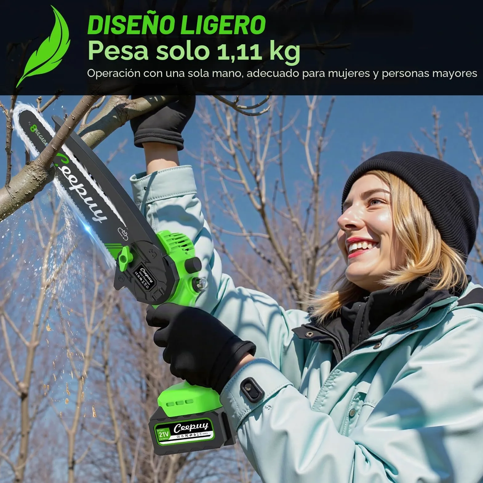 8 Pulgadas Mini Motosierra Inalámbrica 2x4000mAh Batería Sierra Eléctrica de Mano con Cadena Acero al Manganeso y Engrasador Automático Motosierra Pequeña Portátil para Podar Árboles y Cortar Madera
