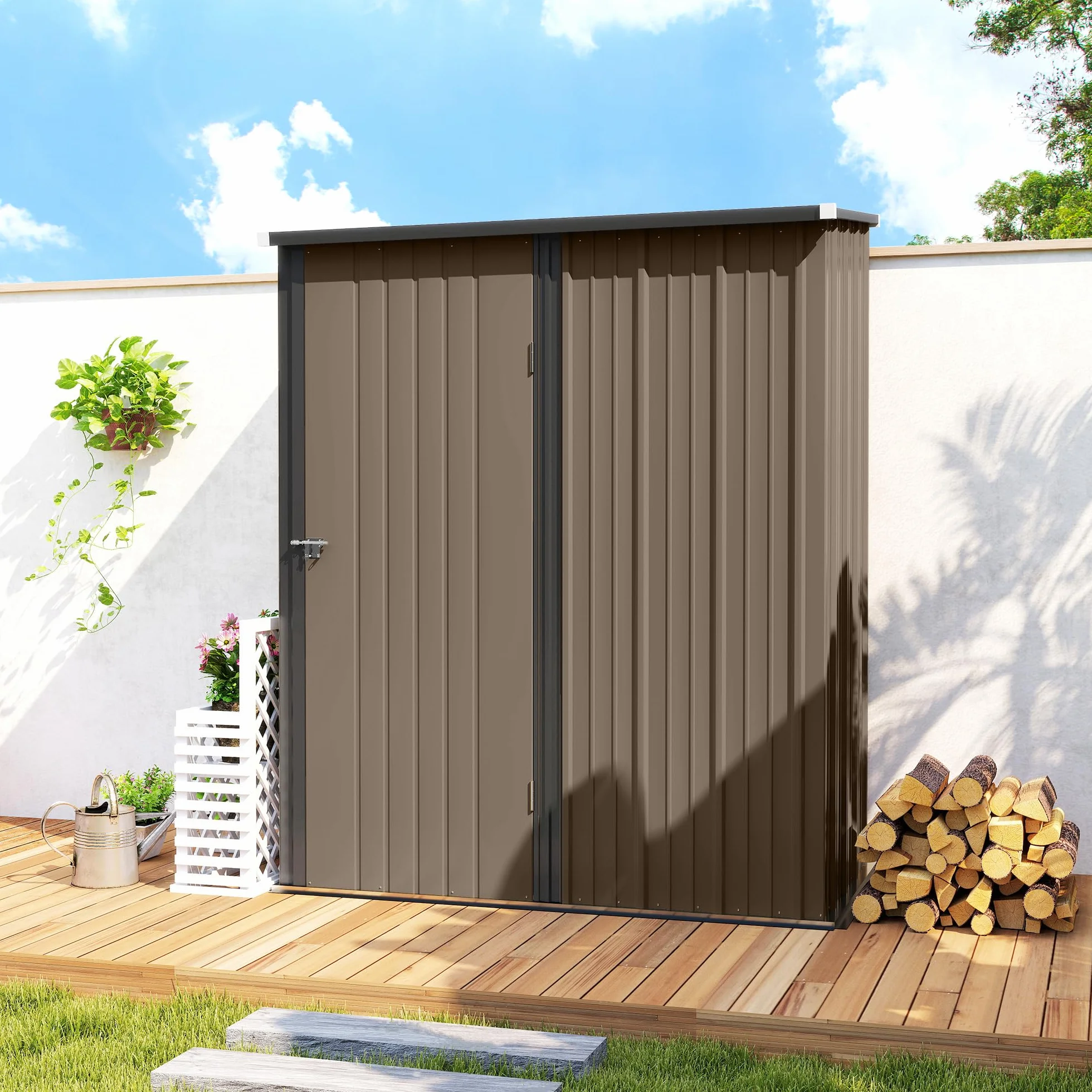 Outsunny Cobertizo de Jardín Exterior 1,34 m² 161,5x94,5x196 cm Caseta de Jardín Exterior Metálica con 1 Puerta y Cerradura para Almacenamiento de Herramientas para Patio Terraza Marrón
