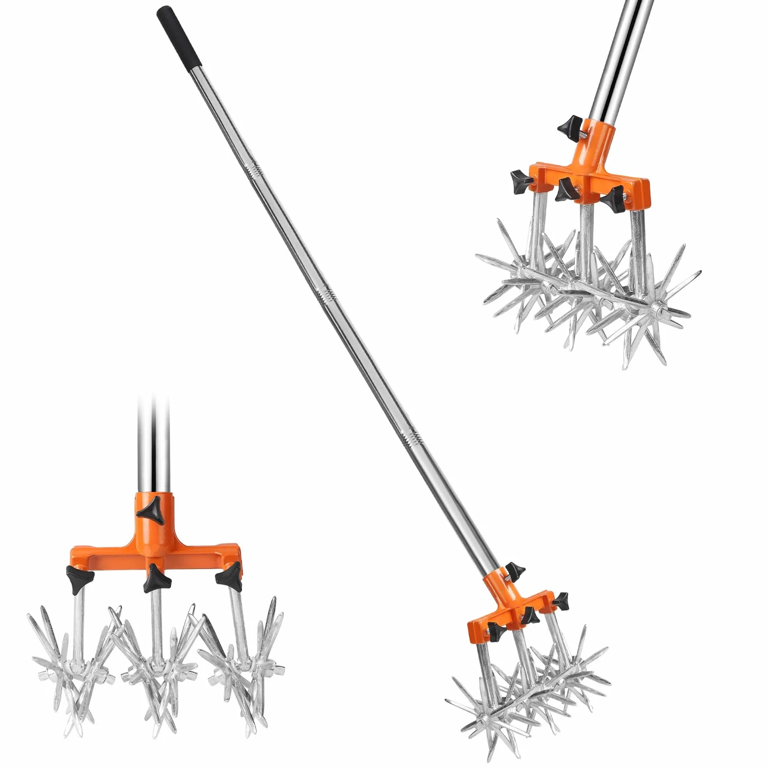 DBREAKS Cultivador Giratorio con Mango Ajustable de Acero Inoxidable, Giroscopio retráctil de Mango Largo con Dientes extraíbles para aflojar y Mezclar Tierra