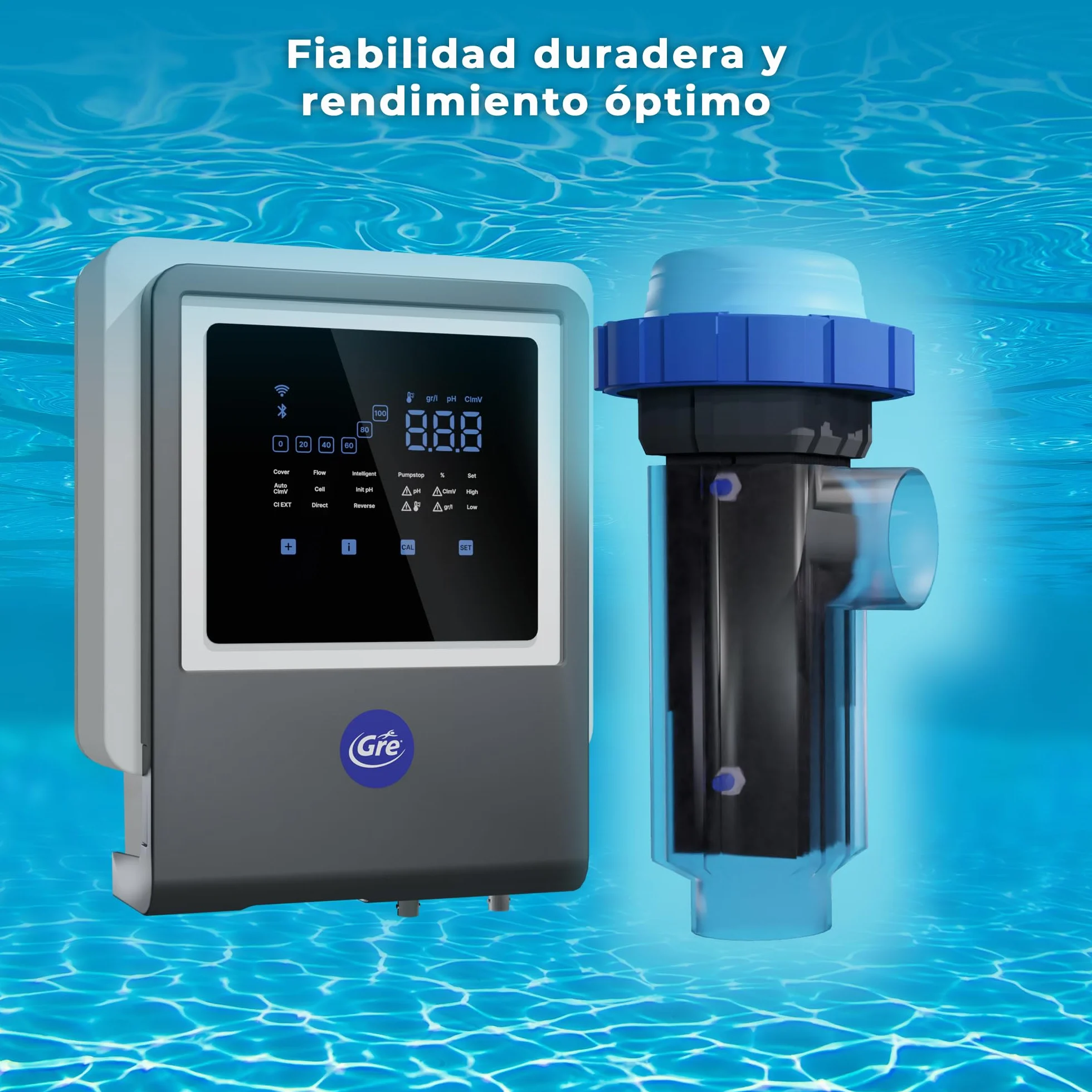 Gre - SWGA40 Clorador Salino Todo en Uno con Controlador de pH y Bomba Peristáltica, Conectado por App, 7 g/h, para Piscinas hasta 40 m³, Electrolisis de Sal Inteligente