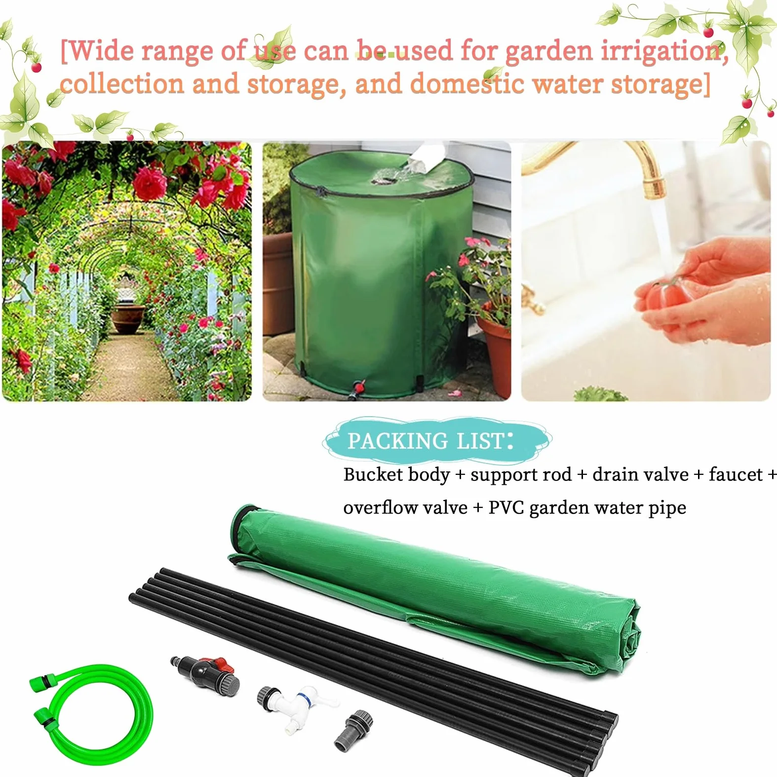 Colector de agua de lluvia portátil con grifo y soporte, diseño plegable para un fácil almacenamiento, ideal para ahorrar agua en el jardín al aire libre