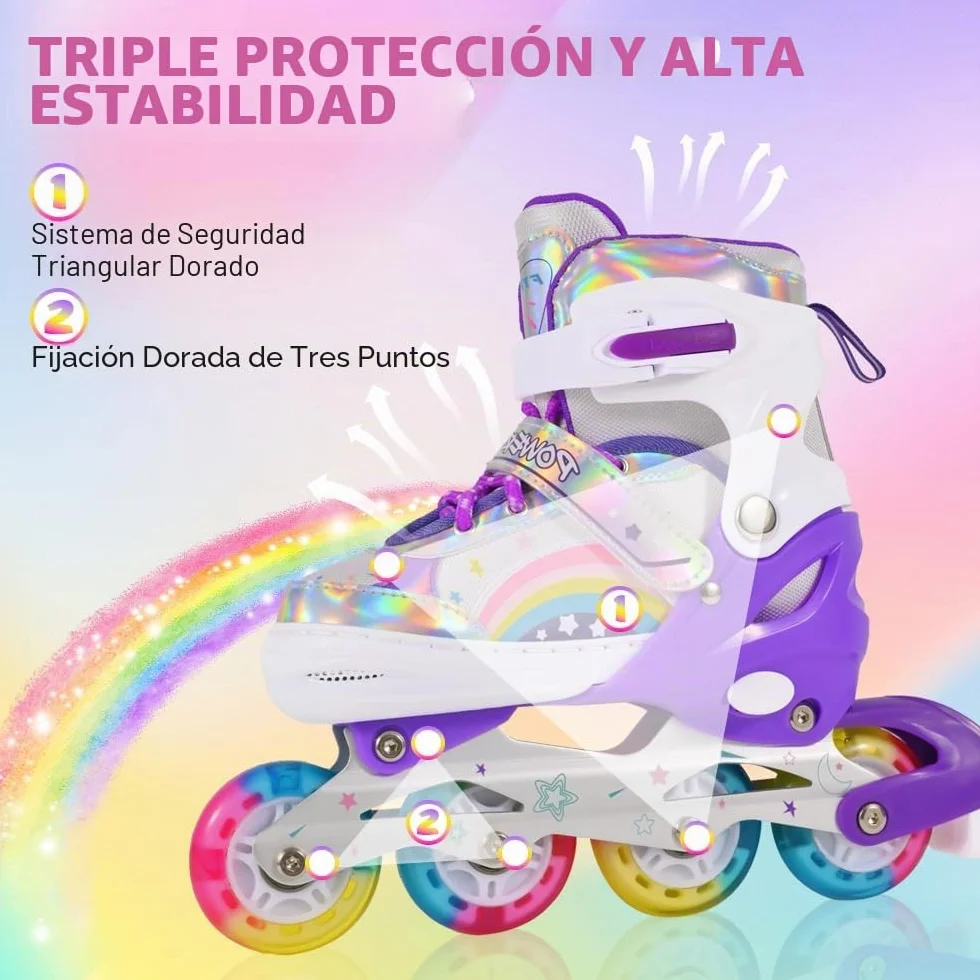 Patines en Línea Ajustables para Niños Principiantes, Patines de Ruedas Violeta Arco Iris