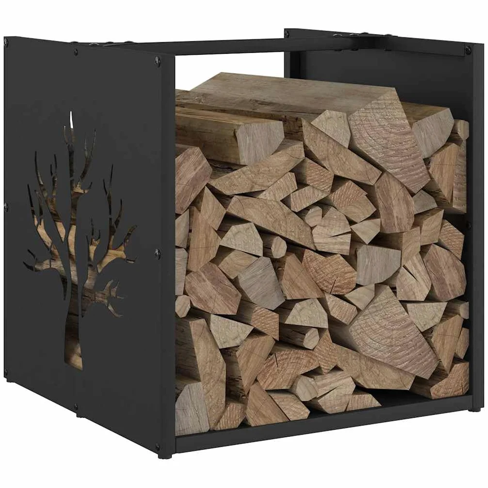 Estantería para leña negra 40 x 40 x 40 cm de acero laminado en frío, leña, estante de madera, soporte para leña para interior, salón, horno, terraza, almacenamiento ordenado y apilamiento en