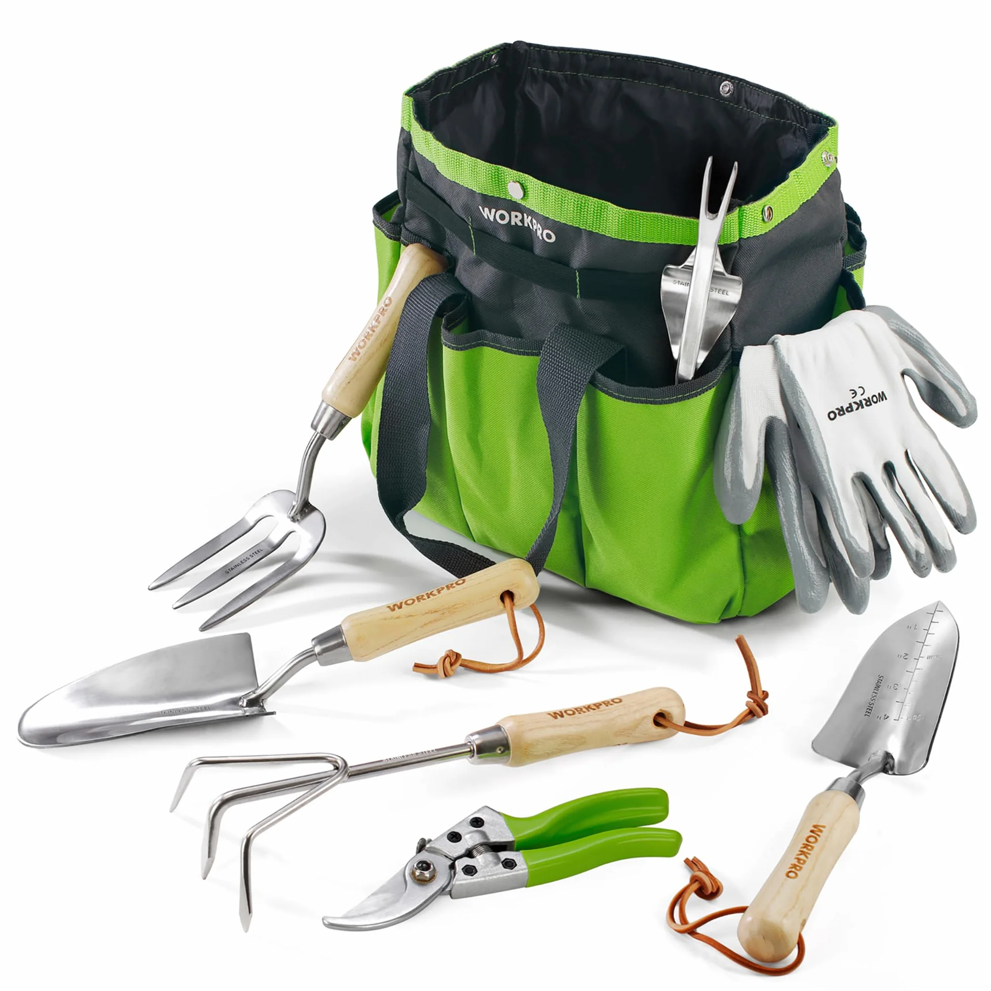 WORKPRO Juego de Herramientas para Jardín 8PC, Juego de Herramientas Jardinería de Acero Inoxidable, con Mango de Madera, Bolsa de Jardín