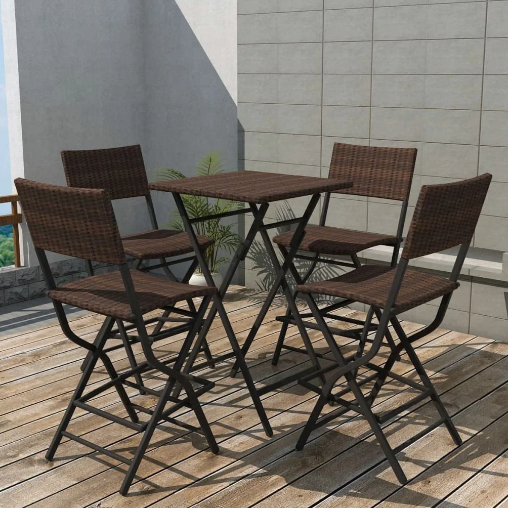 vidaXL Mesa Alta de Bar con Taburetes Jardín 5 Pzas Juego de Muebles Terraza Mesita y Sillas Altas Asienyos de Poli Ratán Sintétco Marrón Tipo Mimbre