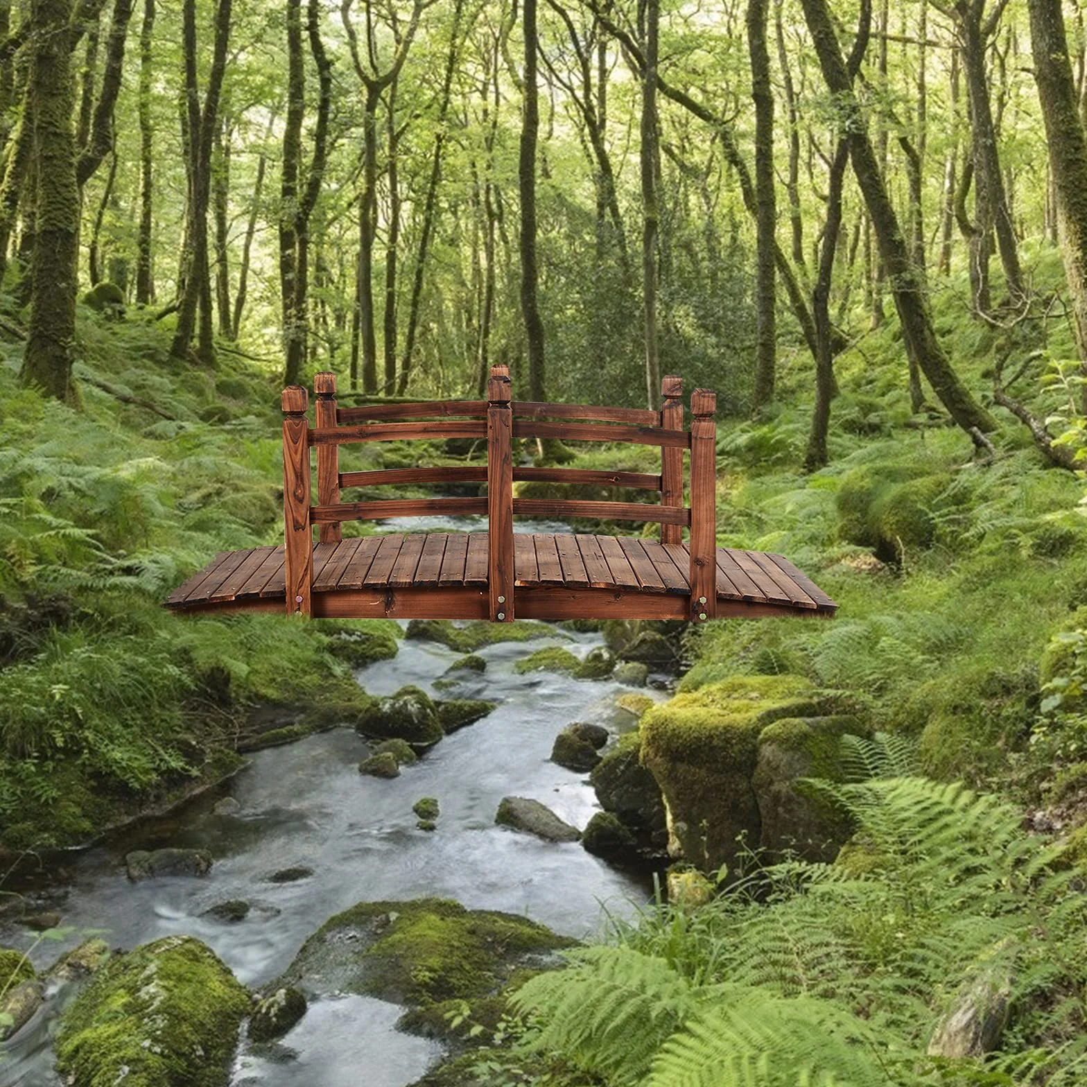 GOPLUS Puente de Madera rústico y Macizo, con Mano Corriente, decoración de jardín, Puente de Estanque, soporta un Peso máximo 100 kg, 150 x 67 x 55 cm (marrón)