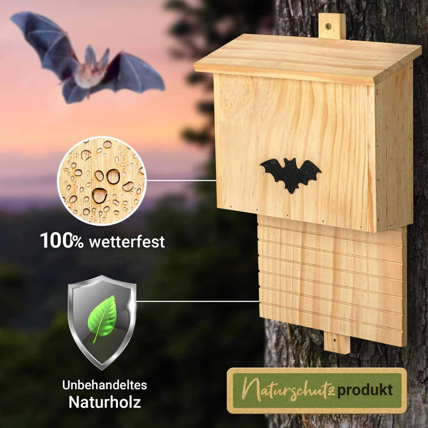 Hotel para murciélagos Hecho de Madera | Albergue Refugio Caja Nido Cueva 42 x 29 x 10 cm | Casa para murciélagos - Protección de Especies en tu jardín