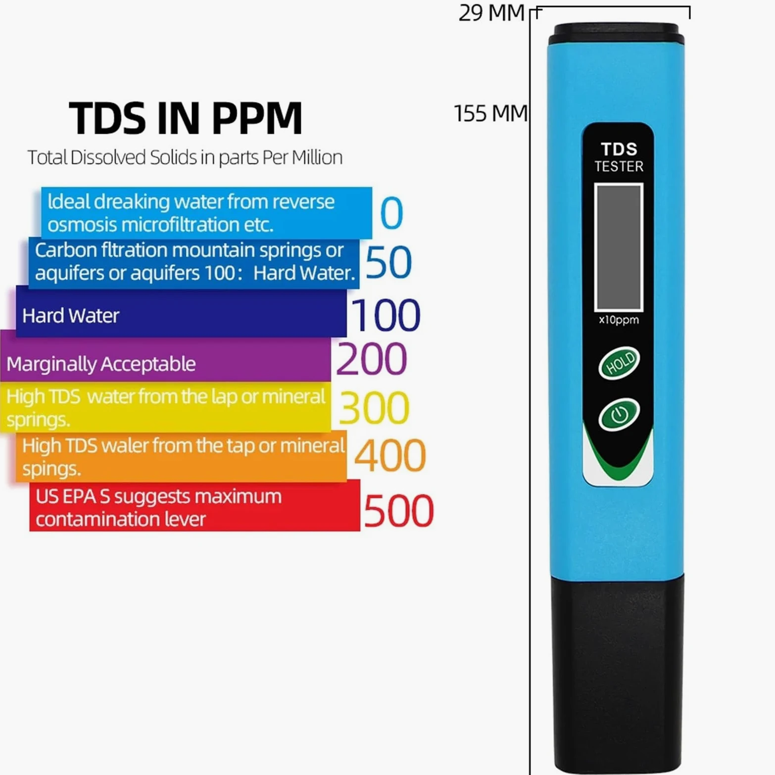Probador de agua, Medidor digital de temperatura TDS (ppm) 0-9990, analizador calidad del agua bolsillo, bolígrafo for piscinas, acuarios y potable