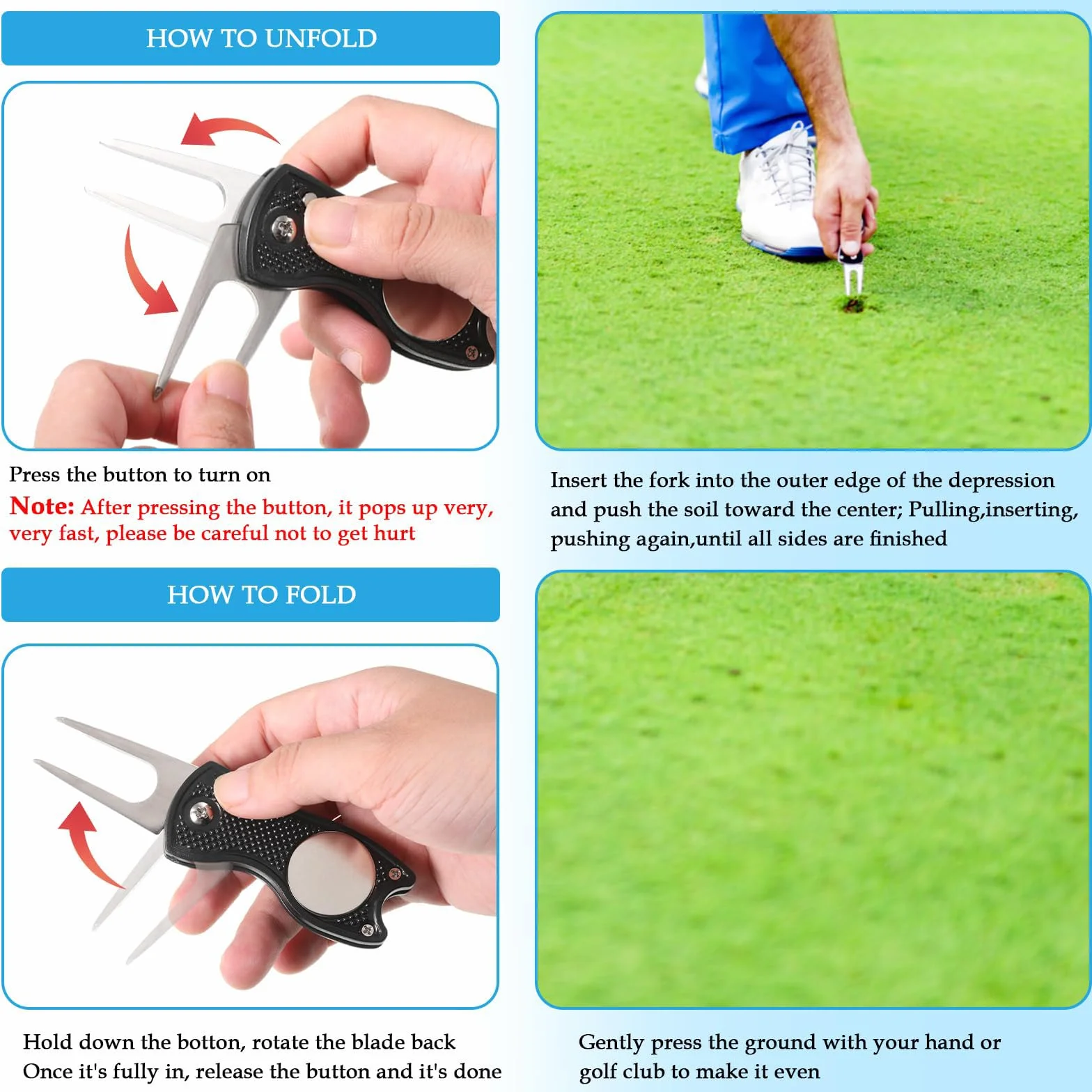Herramienta de reparación de divot de golf plegable de metal con marcador
