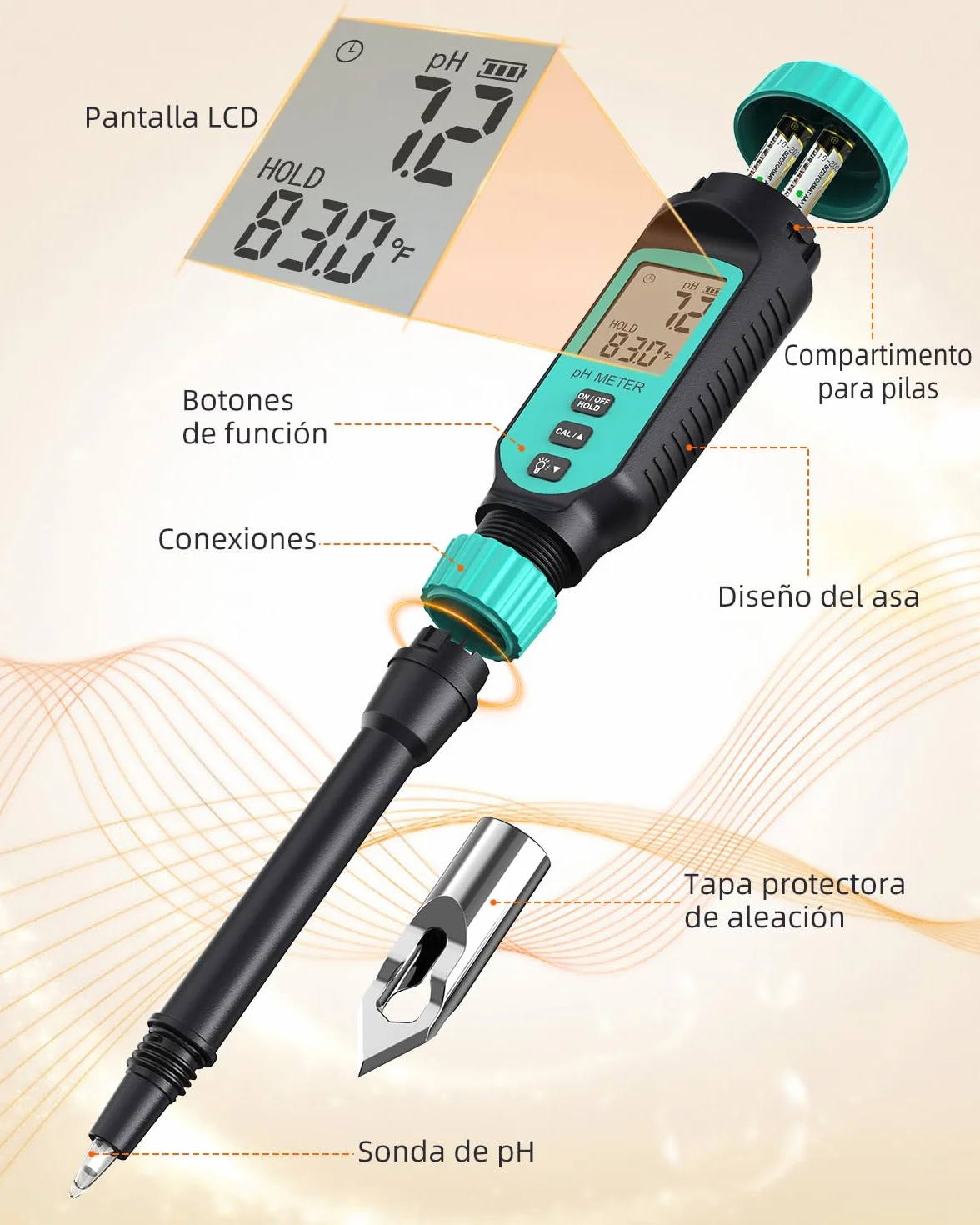 Tadeto Medidor de pH del Suelo, medidor del valor de pH para jardín, agua y alimentos con cabezal metálico protector y pantalla LCD