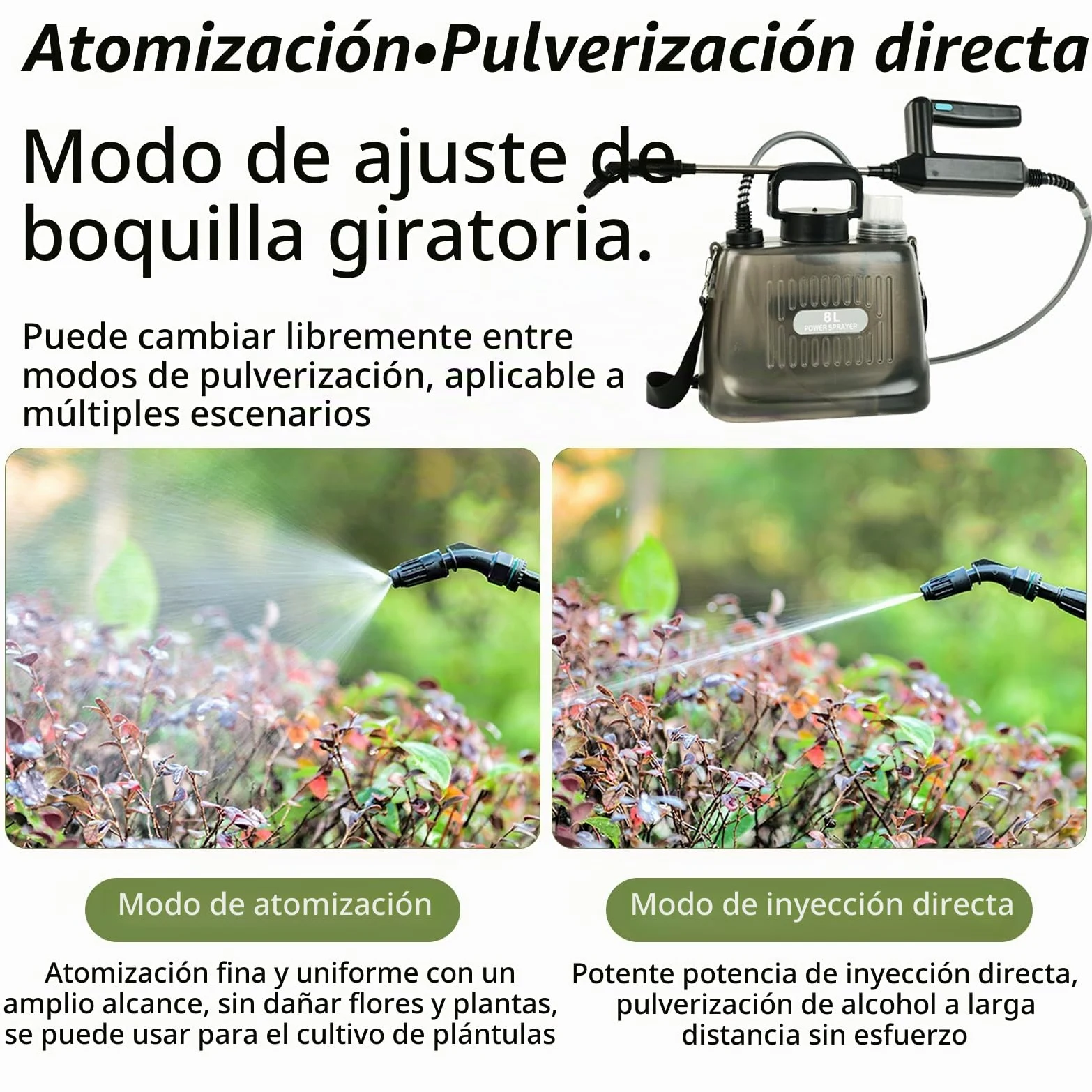 Pulverizador Presión, 8L Batería Pulverizador Jardín con Lanza 4 Boquillas Pulverización Ajustables Pulverizador Mochila con Batería 2400Mah Bomba Automática Lanza Telescópica Tanque Transparente