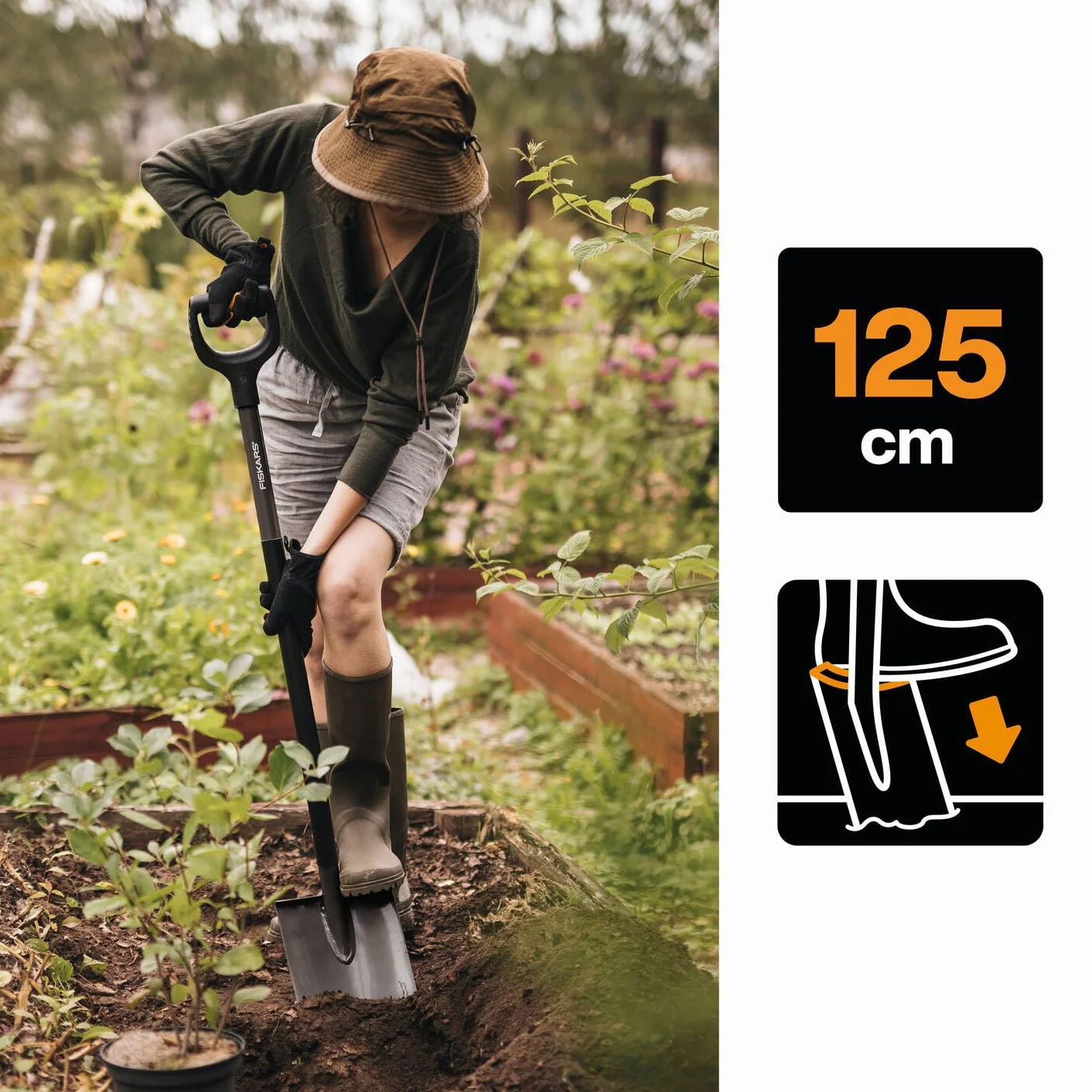 Fiskars Pala de jardín, Puntiaguda, Pala para terrenos duros y pedregosos, Longitud: 125 cm, Acero al boro de calidad, Gris/negro, Ergonomic, 1070639