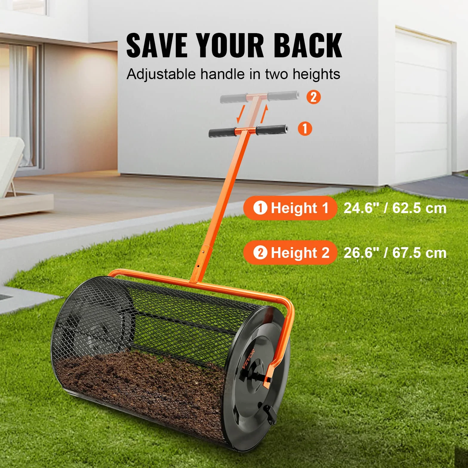 VEVOR Esparcidor de Abono Ancho de 61 cm Esparcidor de Turba y Musgo Mango Regulable en Altura 62,5-67,5 cm Cesta de Malla de Acero Cierres Laterales para Esparcir Estiércol Césped Jardín, Negro