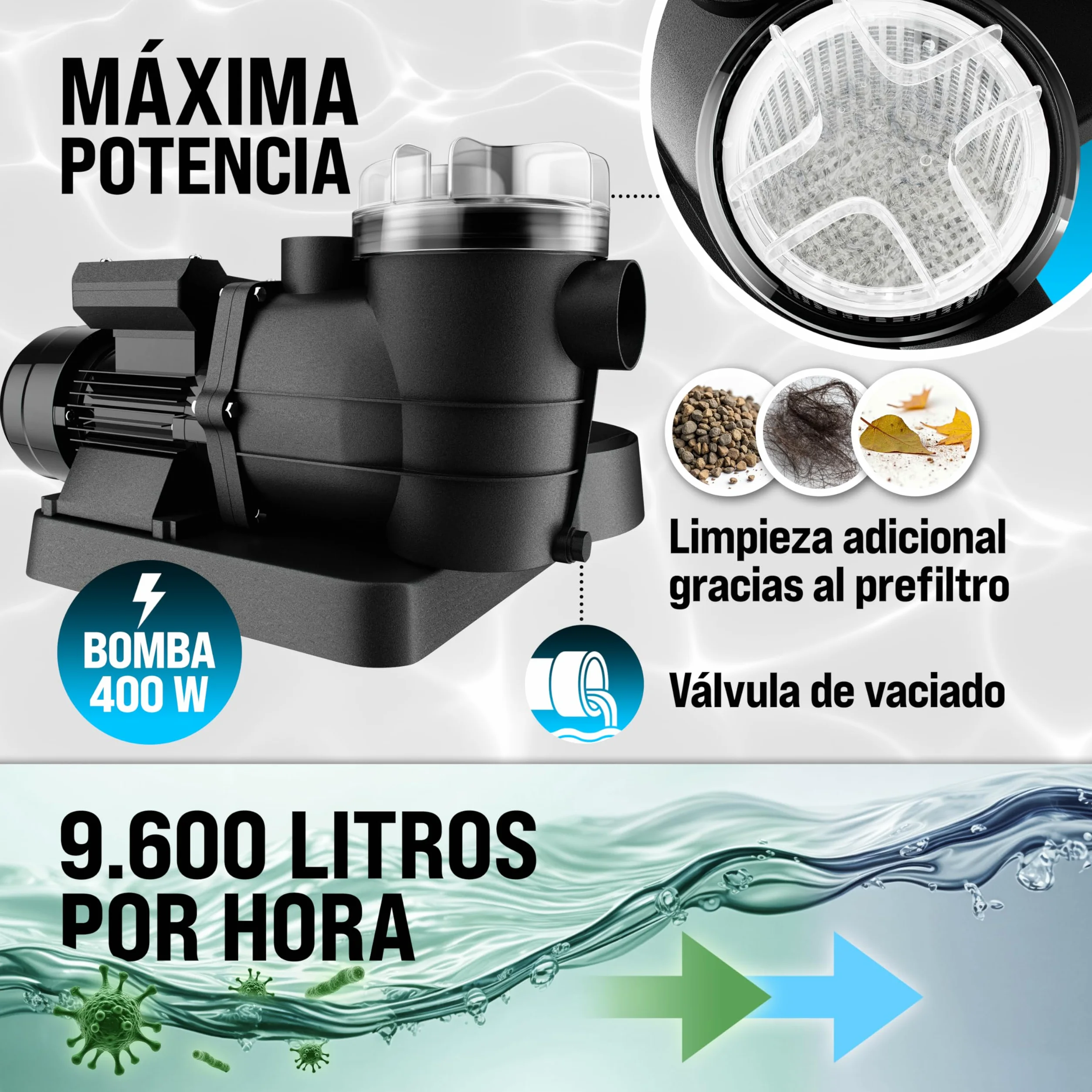 MONZANA Depuradora Piscina 9.600L/h | Filtro Arena 30.000L, Vidrio Filtrante, Valvula 7 Funciones Filtrado, 400W, Bomba, Indicador Presión, Adaptador Ø32-38mm