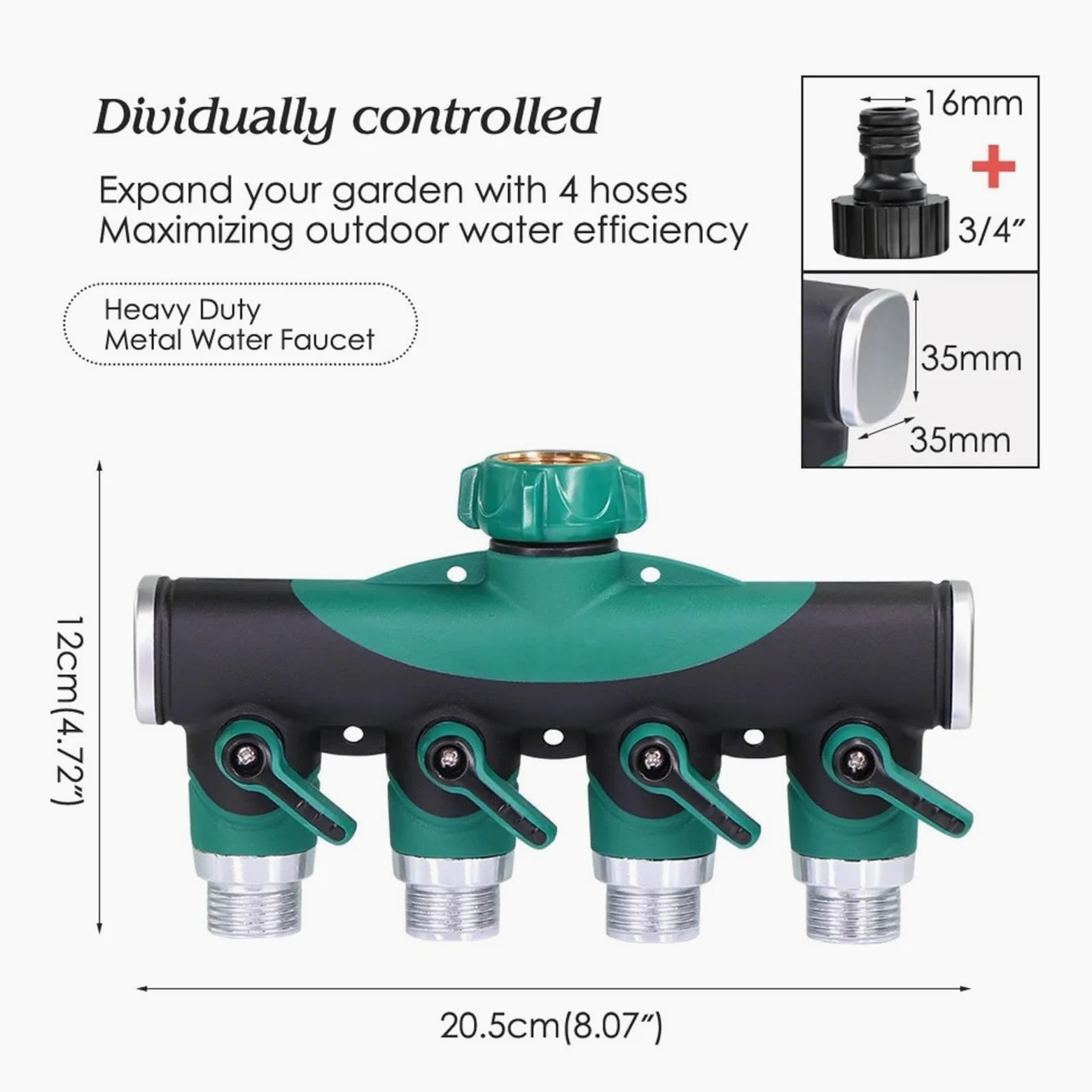 Divisores de Grifo Rosca 4 vías y 3/4 Pulgadas Metal Resistente con válvulas Cierre for Adaptador Manguera jardín Conectores Agua para JardíN(Green-BSP)