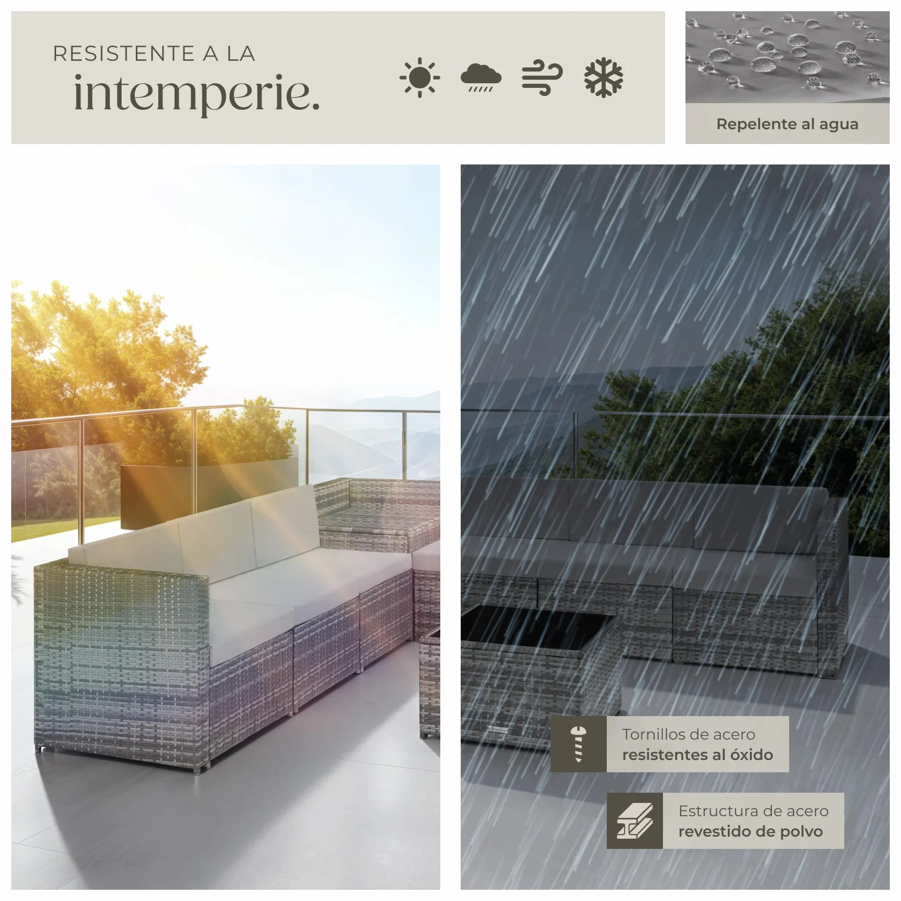 tectake® Conjunto Jardín de Ratán, Muebles Jardín Exterior 6 Sillones, 1 Mesa con Cristal, 1 Baúl Almacenamiento, Conjunto Terraza Resistente a la Intemperie, con Cojines, Estructura en Acero - Gris