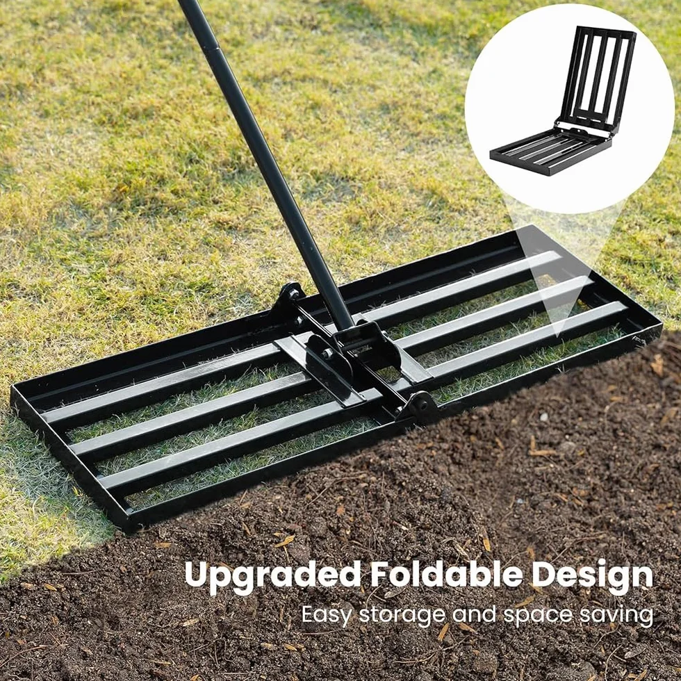 Rastrillo de nivelación de césped de 76 x 25 cm con tallo, rastrillo para nivelación de césped, placa plegable para césped, arena/tierra para campo de golf de jardín.