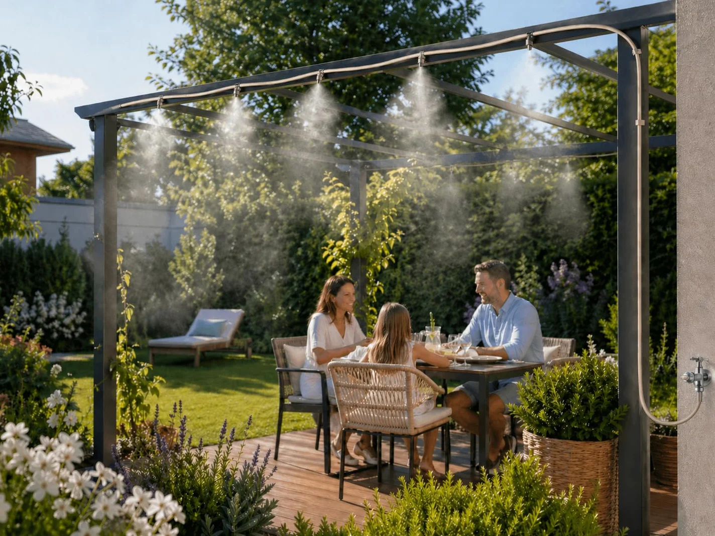 O'FRESH Nebulizador para Terraza 15m - Pérgola Parasol - Nebulización de exterior de alto rendimiento con 12 boquillas de acero inoxidable - 15 metros - Repele mosquitos y plagas voladoras