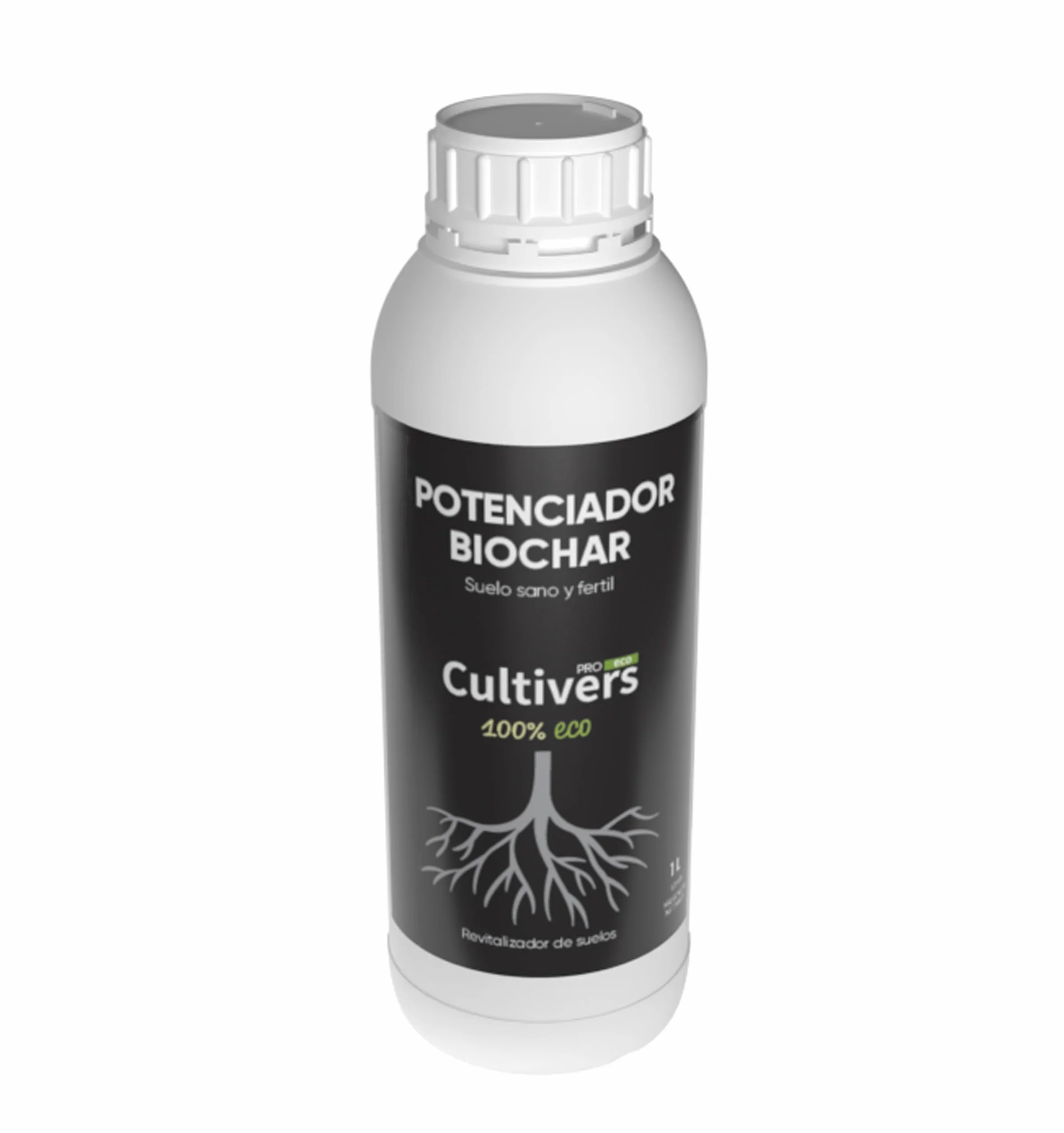 CULTIVERS Potenciador de Biochar 1 L. Potenciador de Carbón vegetal para plantas. Mejorador de estructura del suelo. Regulador pH de los suelos muy ácido. Aumenta producción de los cultivo