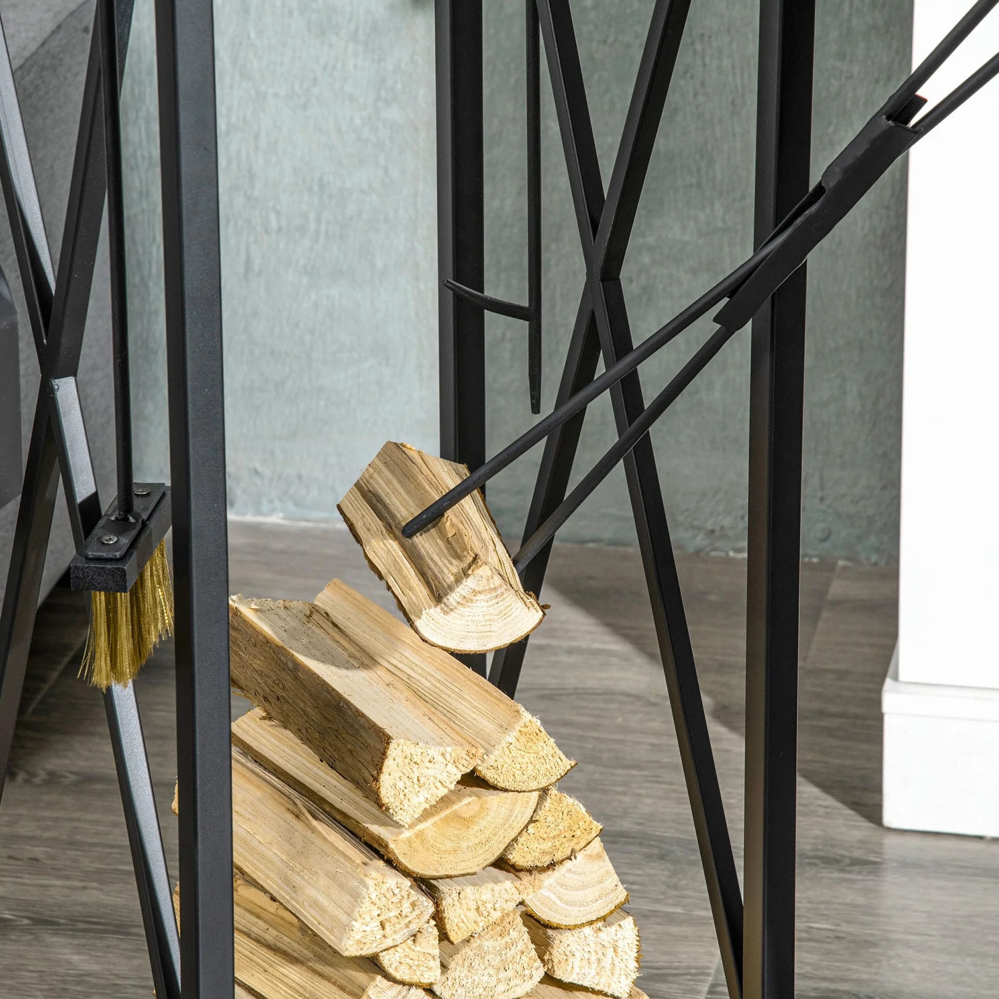 Outsunny Soporte para Leña Estante de Leña Metálico Leñero de Exterior con Ganchos Pala Cepillo Atizador y Tenazas Carga 65 kg para Interior y Exterior 34x34x111 cm Negro
