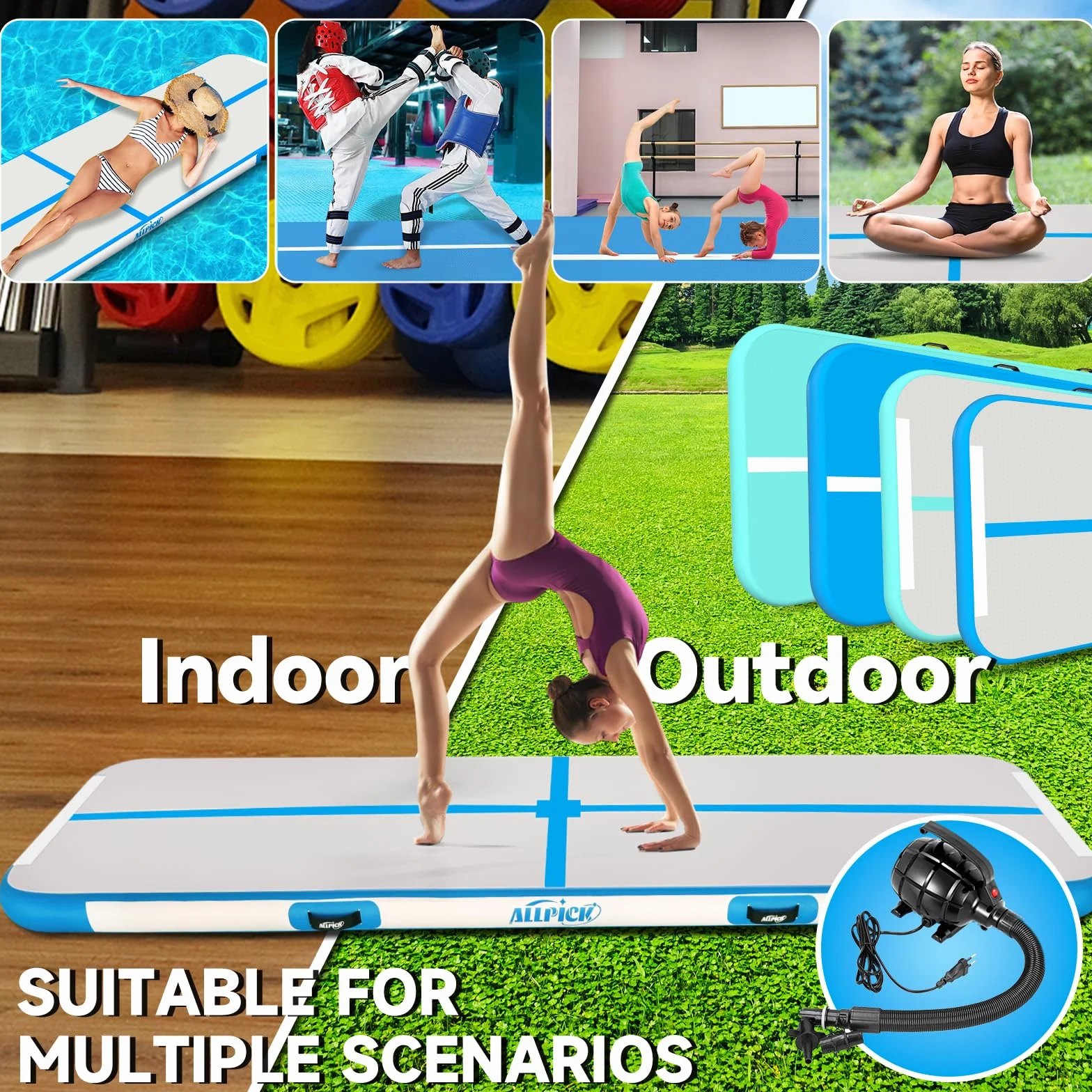 ALLPICK Esterilla de gimnasia inflable 3/4 m 10/20 cm alto diseño doble cara yoga balanceo