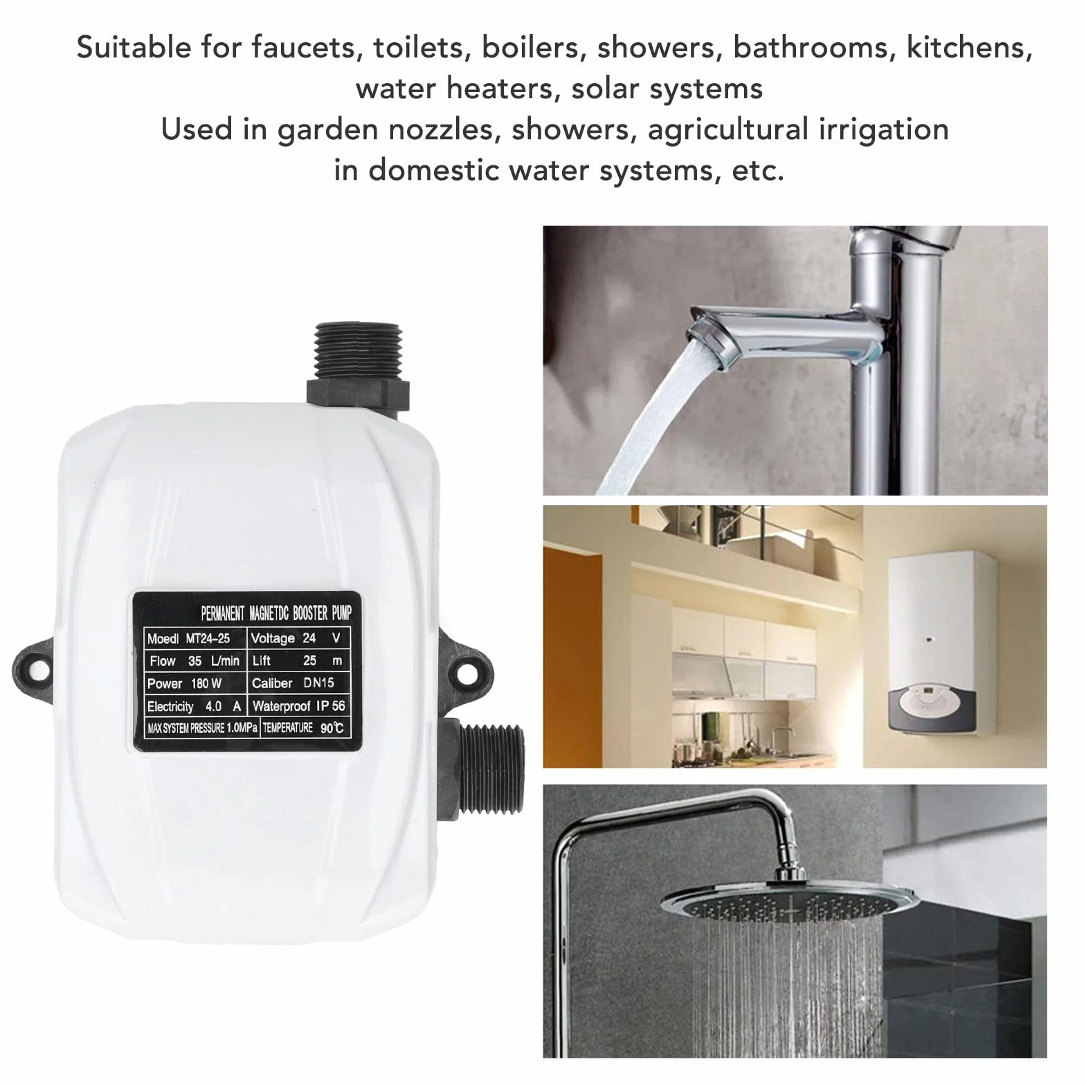 Bomba de Refuerzo de Presión de Agua, DC 24V 180W Mini Bomba Automática Solar de Alta Elevación con Flujo de 35L / Min Bomba de Agua de bajo Ruido para Grifo Baño Ducha Jardín
