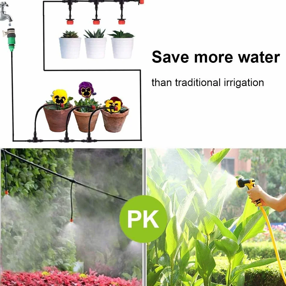 Kit de sistema de riego por goteo de 50 pies, sistema de riego de jardín con piezas de tubo de riego por goteo de 1/4 pulgadas, equipo de riego automático para plantas al aire libre, jardín,