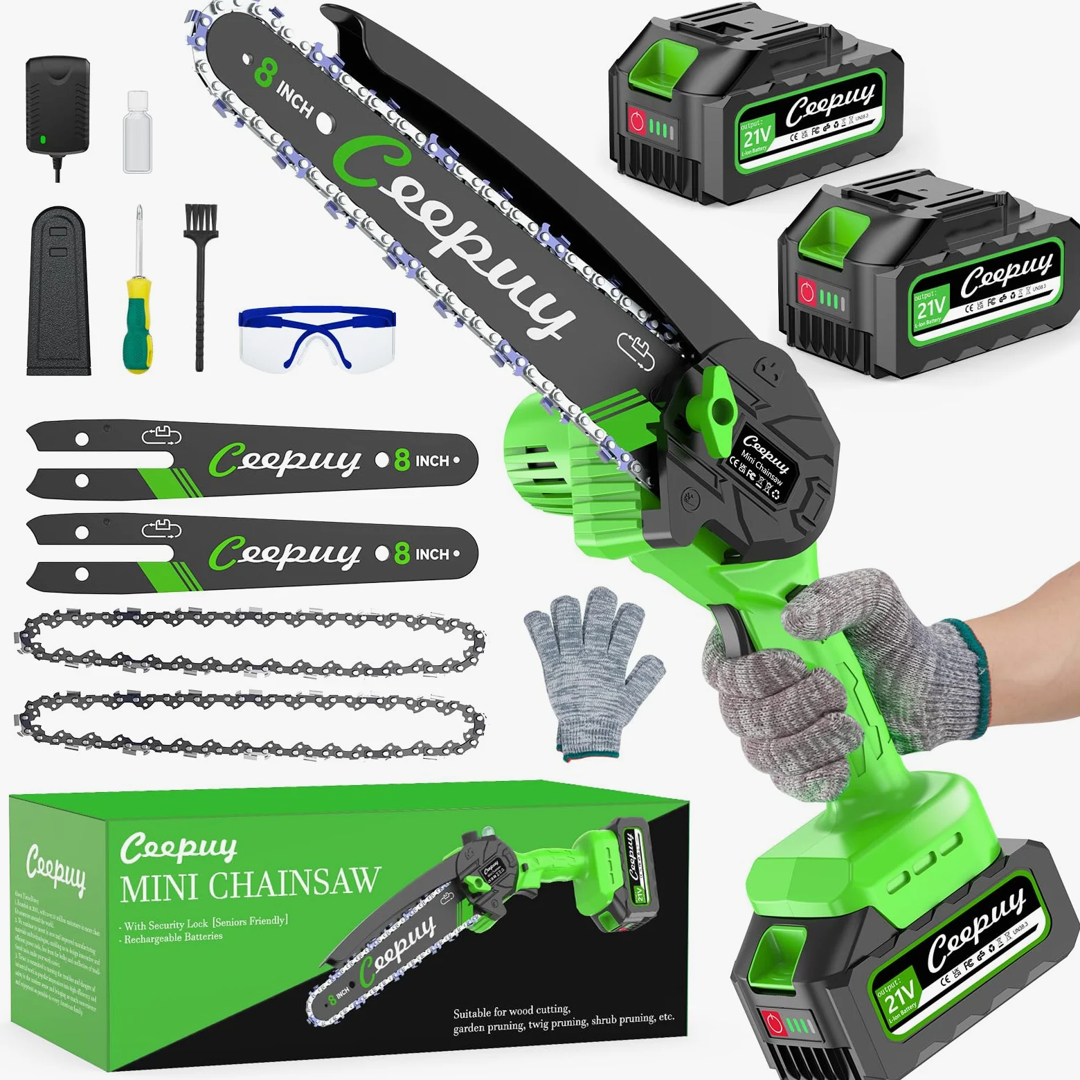 8 Pulgadas Mini Motosierra Inalámbrica 2x4000mAh Batería Sierra Eléctrica de Mano con Cadena Acero al Manganeso y Engrasador Automático Motosierra Pequeña Portátil para Podar Árboles y Cortar Madera