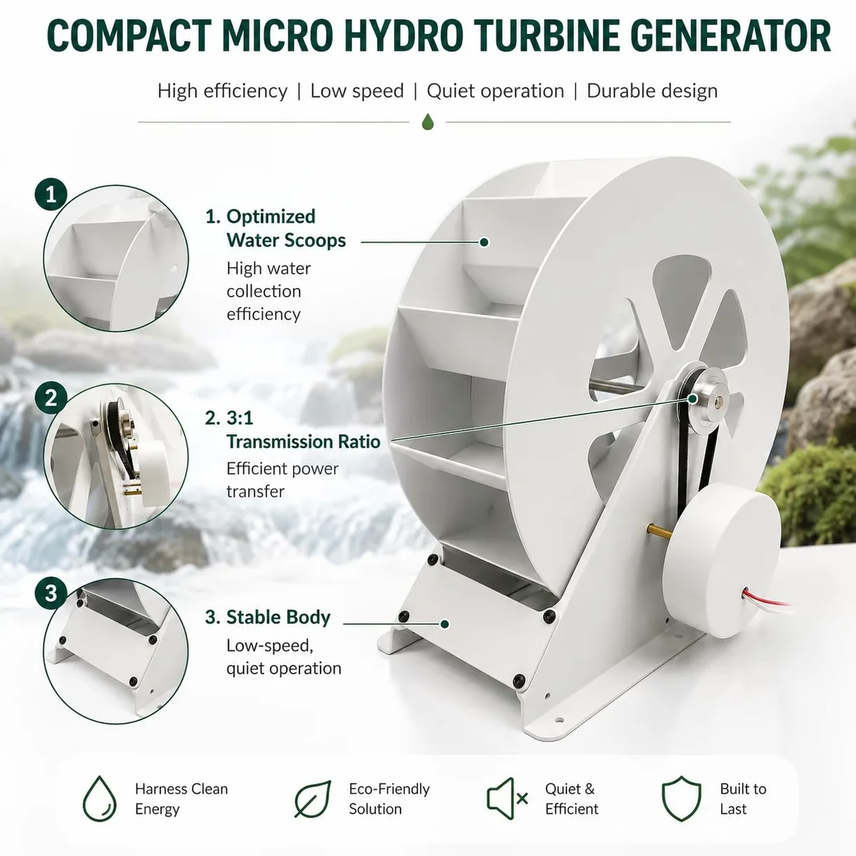 Generador de turbina de agua portátil de 100 W – Kit hidroeléctrico de flujo para corrientes/ríos fuera de la red – Microgenerador hidráulico de acero duradero con funcionamiento silencioso