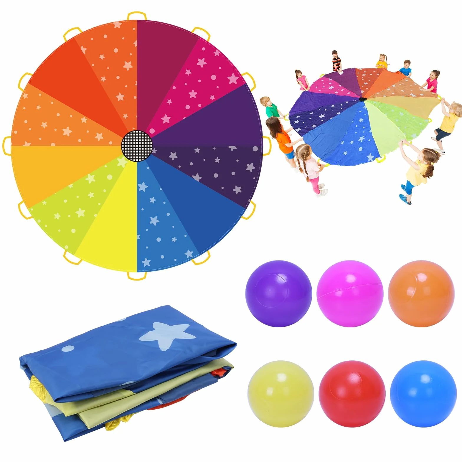 Paracaídas Arcoíris 2.4m con 12 Asas y 12 Bolas para Niños Juego Infantil Actividad Deportiva
