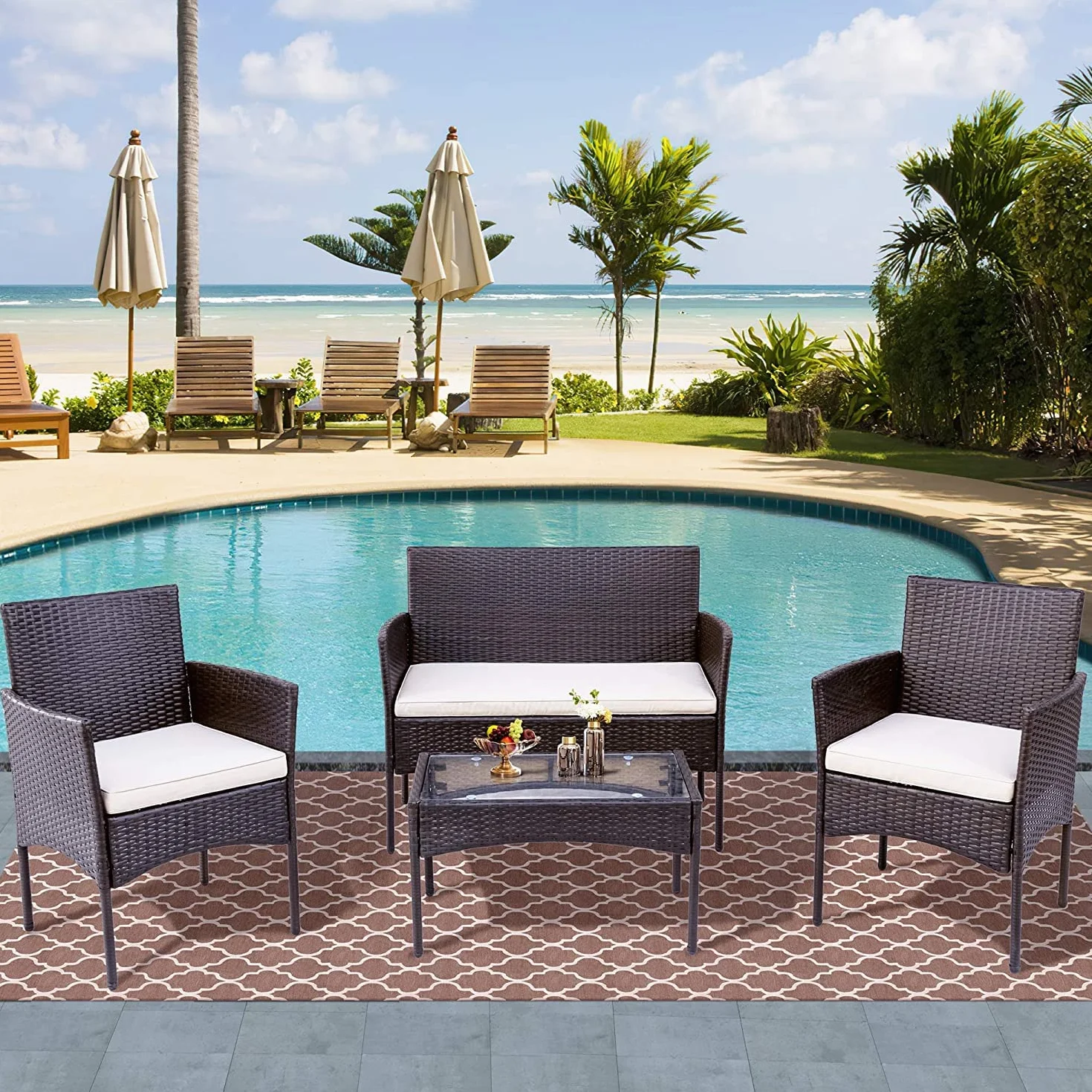 Conjunto Jardin Exterior Muebles Terraza Exterio de Ratán Marrón 4 Piezas Set,2 Sillones,1 Sofá de Doble Asiento y 1 Mesa para 4 Personas para Patio Terraza Exterior
