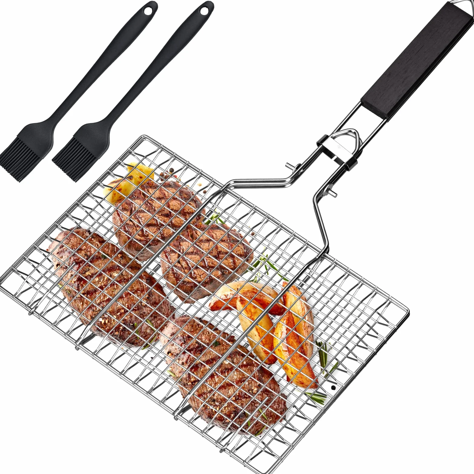 Cesta para Asar Pescado y Verduras - Bandeja de Barbacoa de Acero Inoxidable, Plegable, Portátil - Con Bolsa Oxford y 2 Cepillos de Silicona