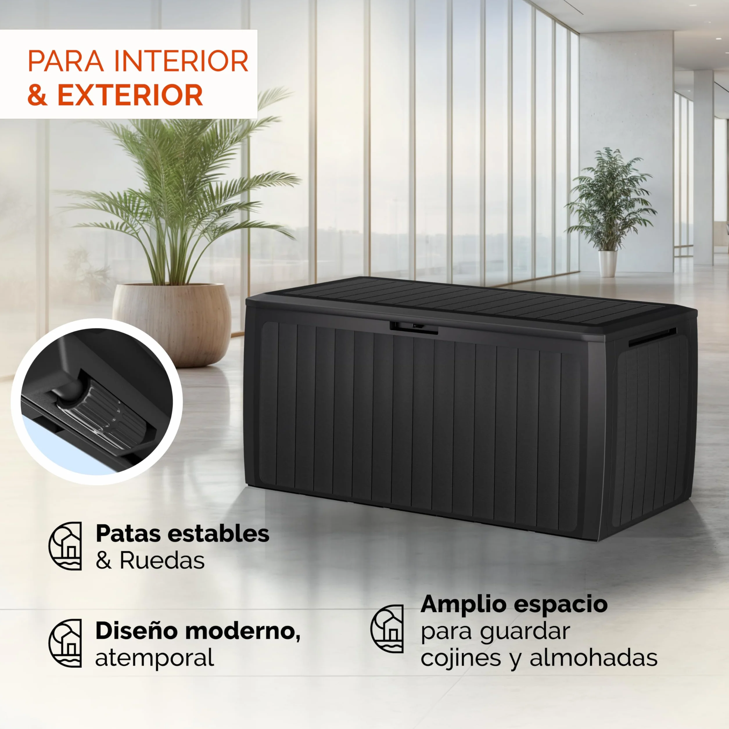 CASARIA® Arcón Jardín Exterior Baúl Almacenaje 290L con 6 Ruedas Asas Resistente Intemperie Rayos UV Caja Cojines 117x47x60cm Antracita
