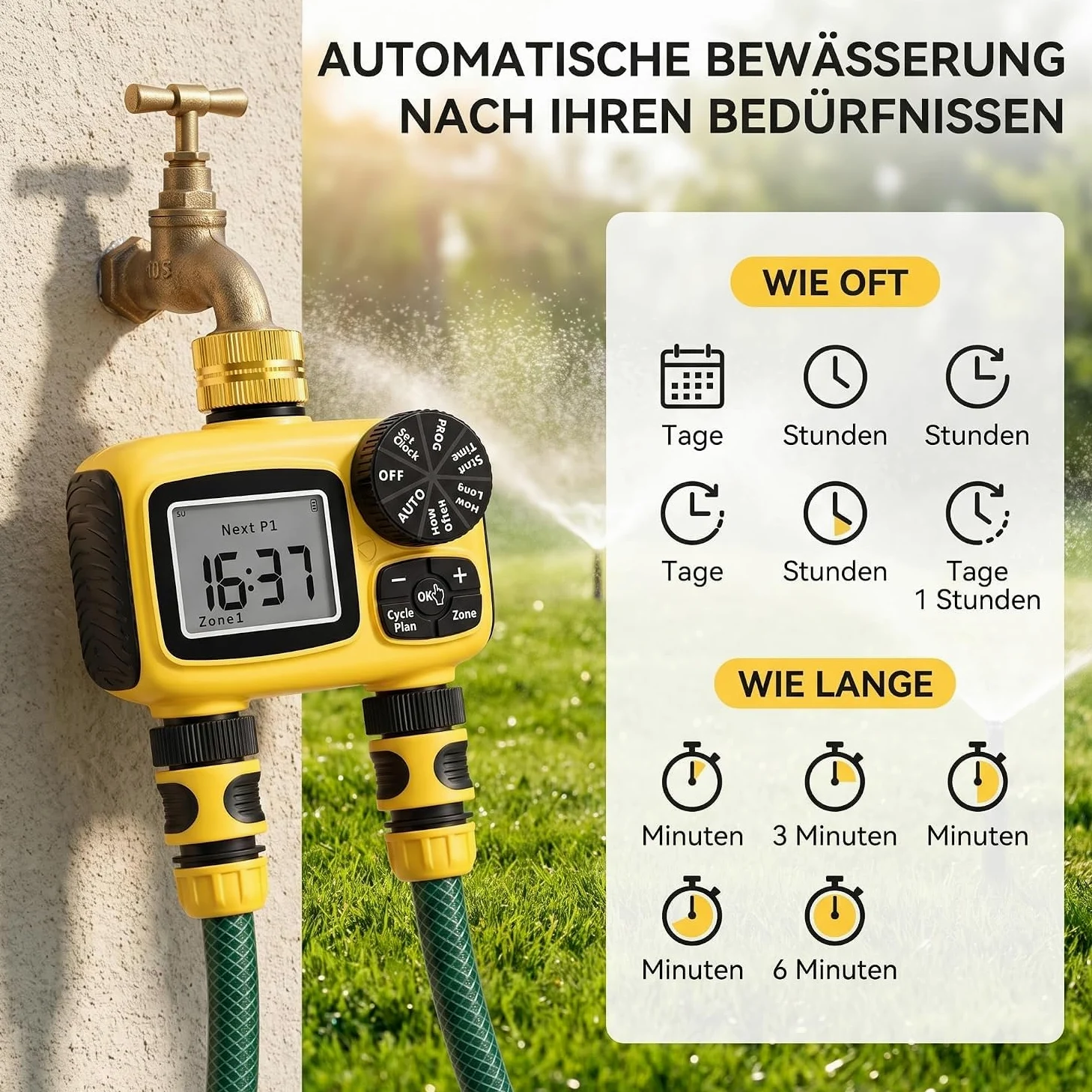 MQUPIN Ordenador de riego, 2 salidas, conexiones de latón | Temporizador de agua LCD con retardo de lluvia, protección para niños, IP55, doble zona, para jardín, césped, huertos