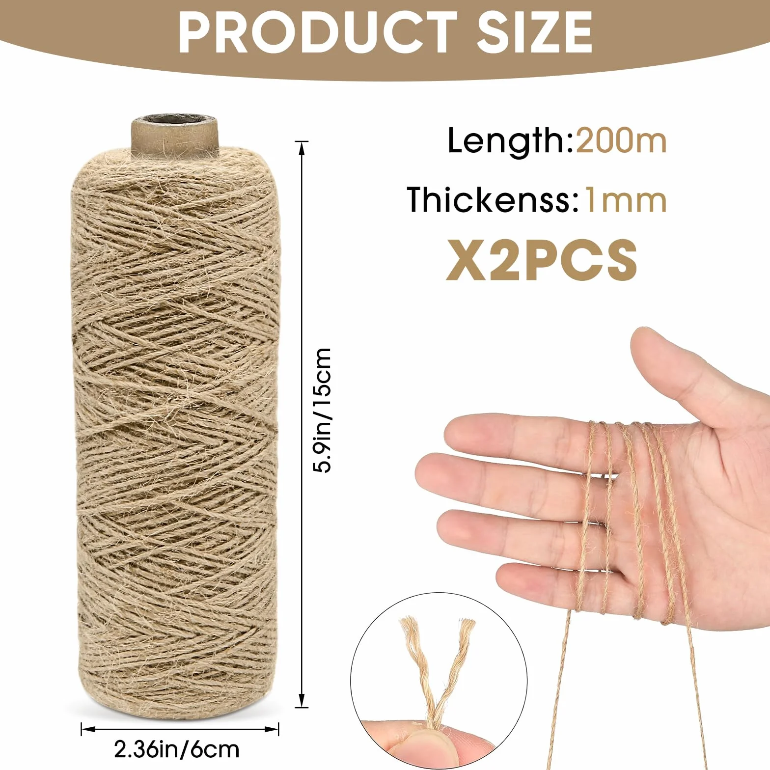 2 Piezas 200 m Yute Natural Marrón, 1mm Cuerda de Yuta, Jute Yarn para Embalaje, Bricolaje, Floristería, Decoración, Manualidades