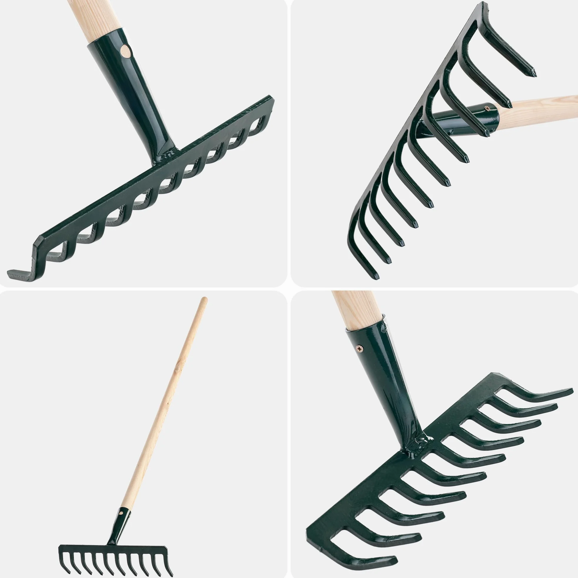 KADAX Rastrillo de metal, rastrillo plano con mango de madera, escoba para jardín, bancal, rastrillo de hojas, rastrillo de césped, verde, herramienta de jardín, rastrillo de heno, herramienta de